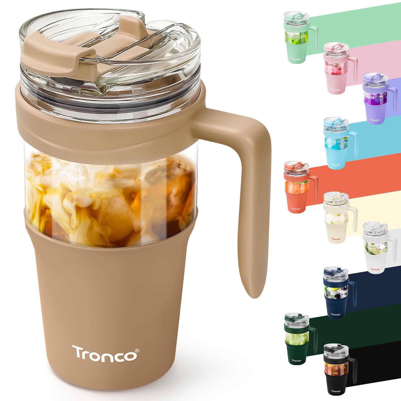 Tronco 40 oz Glass Tumbler with Straw and Lid, Reusable Glass Tumbler with Handle, Iced Coffee Cup with Bamboo Lid, Glass Water Bottles Fit in Cup Holder, Carbonfree, Lead-Free, BPA-Free