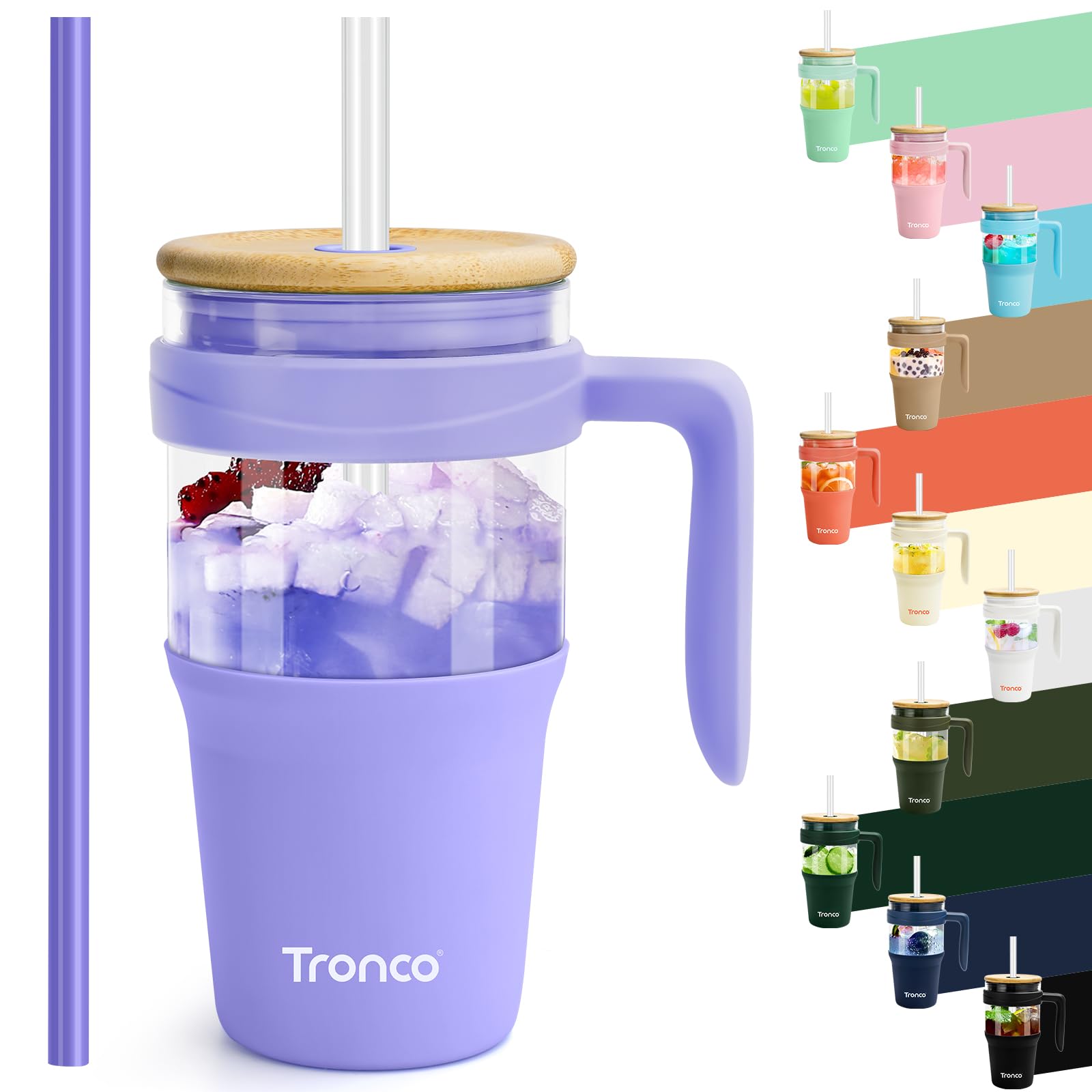 Tronco 40 oz Glass Tumbler with Straw and Lid, Reusable Glass Tumbler with Handle, Iced Coffee Cup with Bamboo Lid, Glass Water Bottles Fit in Cup Holder, Carbonfree, Lead-Free, BPA-Free