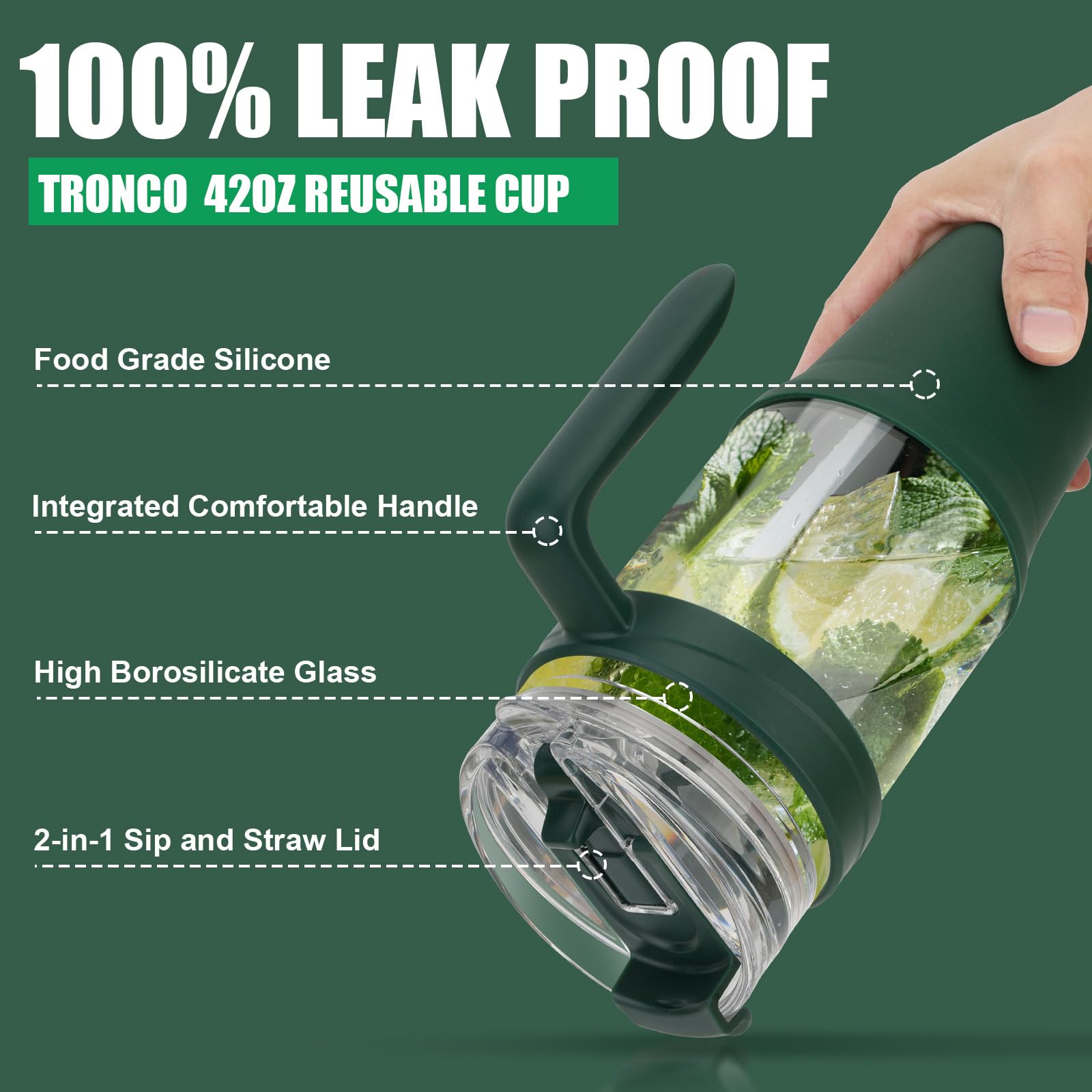 Tronco 40 oz Glass Tumbler with Straw and Lid, Reusable Glass Tumbler with Handle, Iced Coffee Cup with Bamboo Lid, Glass Water Bottles Fit in Cup Holder, Carbonfree, Lead-Free, BPA-Free