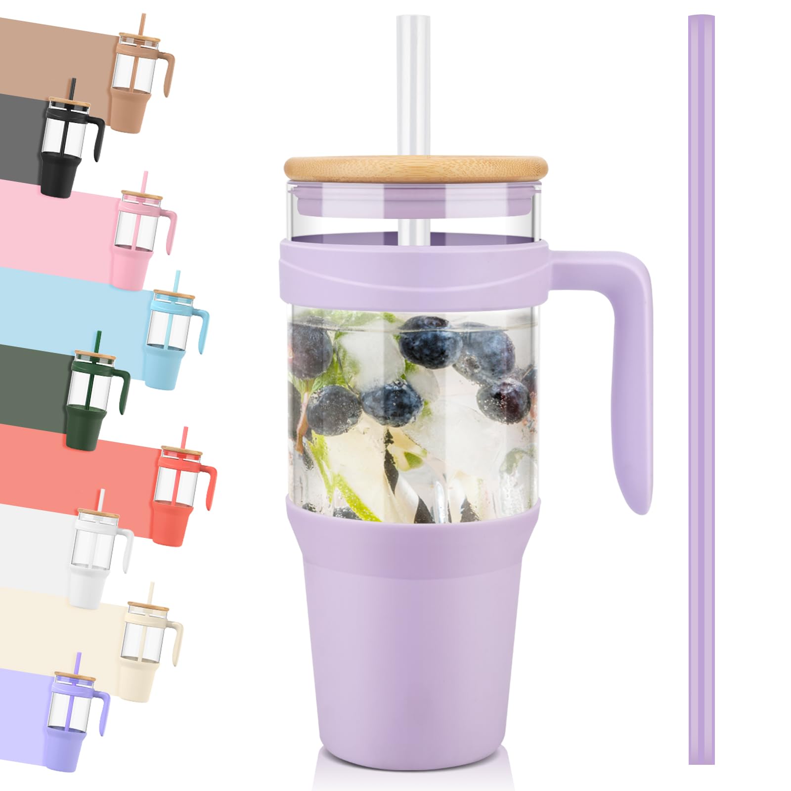 Tronco 40 oz Glass Tumbler with Straw and Lid, Reusable Glass Tumbler with Handle, Iced Coffee Cup with Bamboo Lid, Glass Water Bottles Fit in Cup Holder, Carbonfree, Lead-Free, BPA-Free