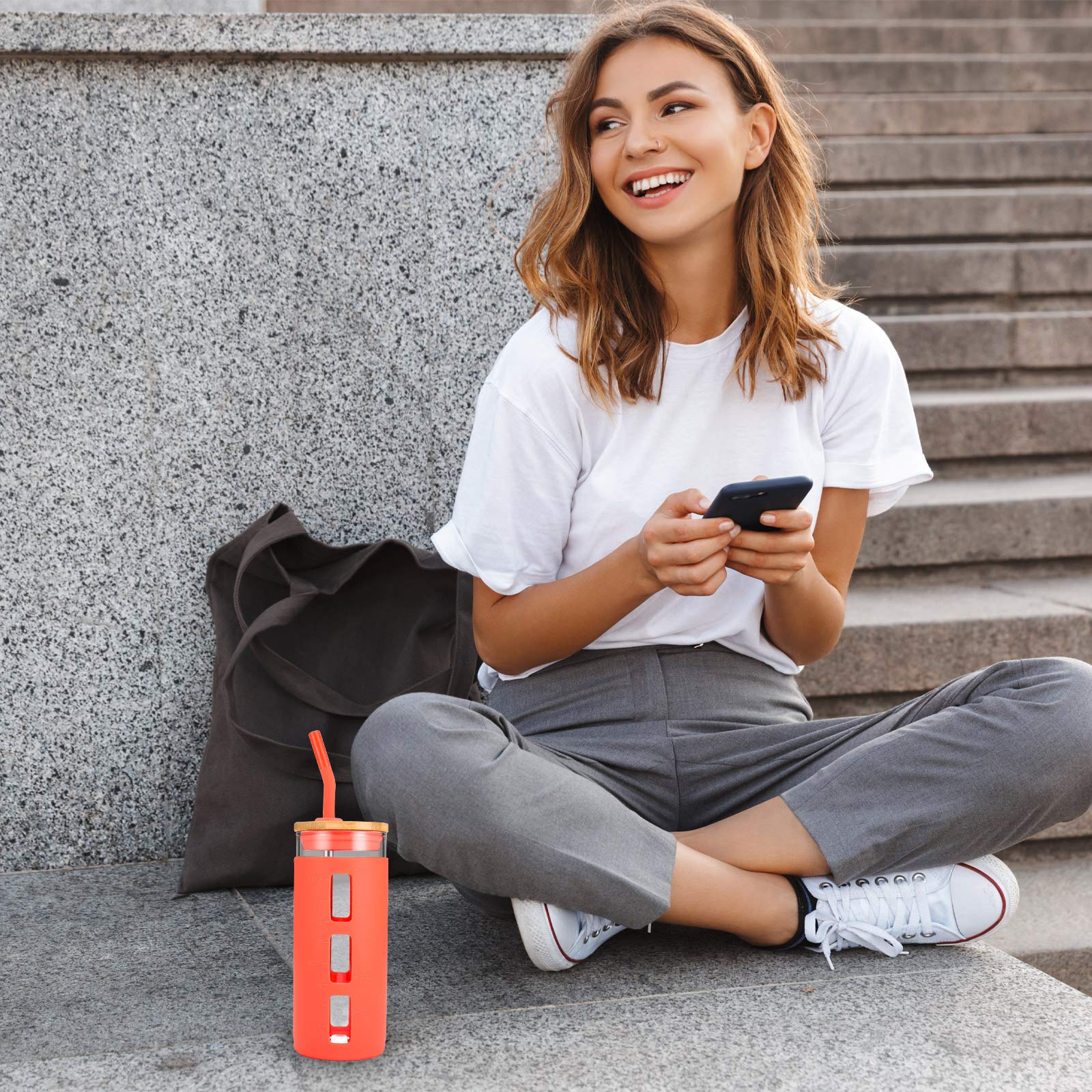 Tronco Glass Tumbler with Bamboo Lid and Straw,20OZ Reusable Iced Coffee Cup,Smoothie Cups,Glass Travel Water Bottle,See Through Silicone Sleeve With Measurement,Dishwasfer Safe,Spill Proof