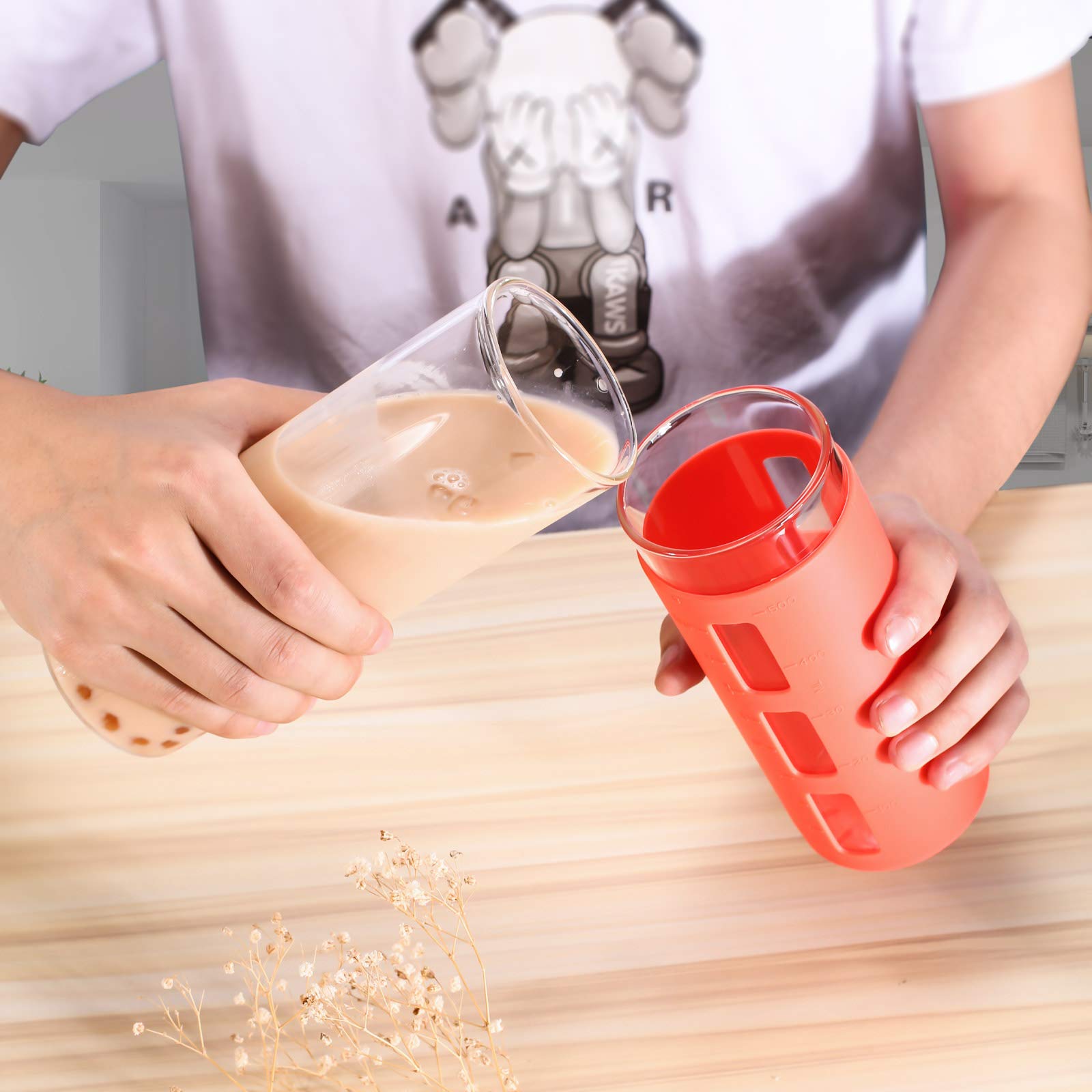 Tronco Glass Tumbler with Bamboo Lid and Straw,20OZ Reusable Iced Coffee Cup,Smoothie Cups,Glass Travel Water Bottle,See Through Silicone Sleeve With Measurement,Dishwasfer Safe,Spill Proof