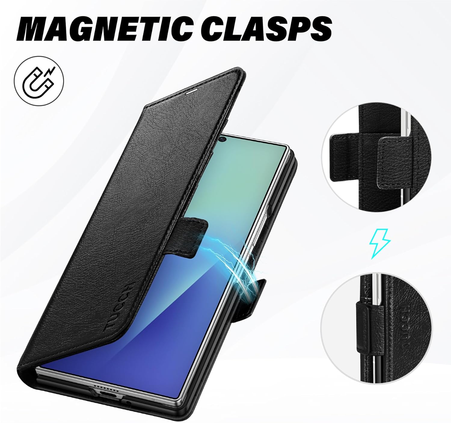 TUCCH Case Wallet for Galaxy Z Fold 7, Shockproof Magnetic Folio with [Kickstand] [RFID Blocking] 4 Card Slots, PU Leather PC Cover Compatible with Galaxy Z Fold 7 (8.0") 2025, Black (Textured)