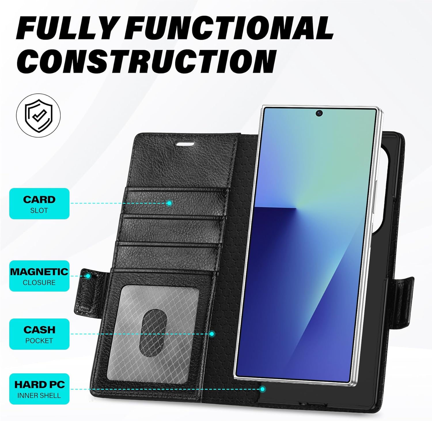 TUCCH Case Wallet for Galaxy Z Fold 7, Shockproof Magnetic Folio with [Kickstand] [RFID Blocking] 4 Card Slots, PU Leather PC Cover Compatible with Galaxy Z Fold 7 (8.0") 2025, Black (Textured)