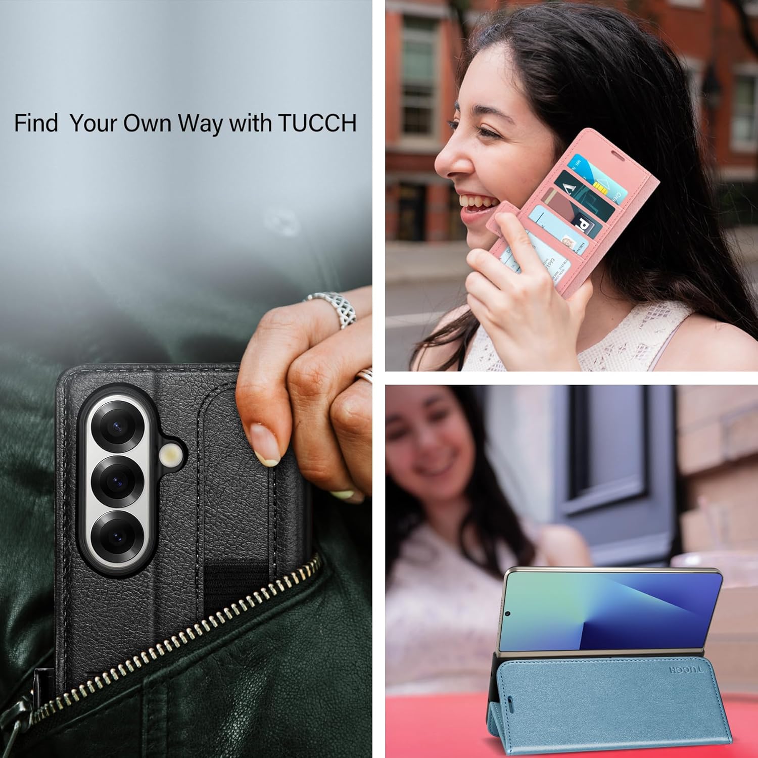 TUCCH Case Wallet for Galaxy Z Fold 7, Shockproof Magnetic Folio with [Kickstand] [RFID Blocking] 4 Card Slots, PU Leather PC Cover Compatible with Galaxy Z Fold 7 (8.0") 2025, Black (Textured)