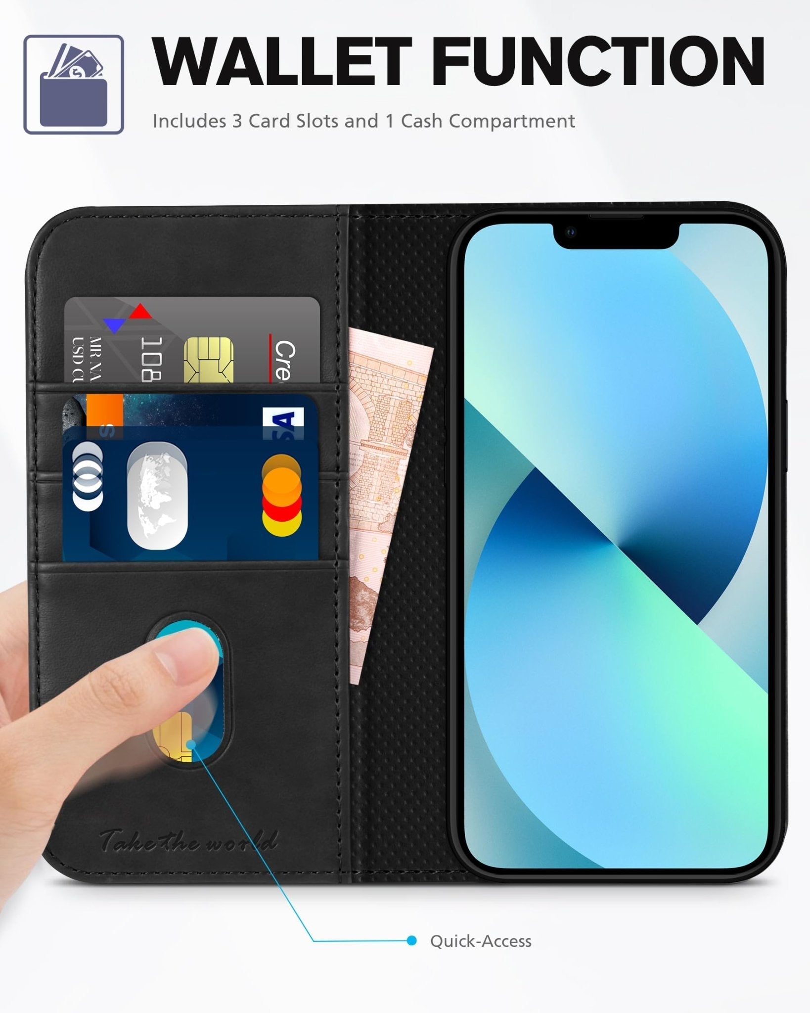 TUCCH Case Wallet for iPhone 13 5G, PU Leather Flip Folio Cover with [3 Card Slots], Stand Book Design [Shockproof TPU Interior Case] Compatible with iPhone 13 6.1-inch 2021, Black