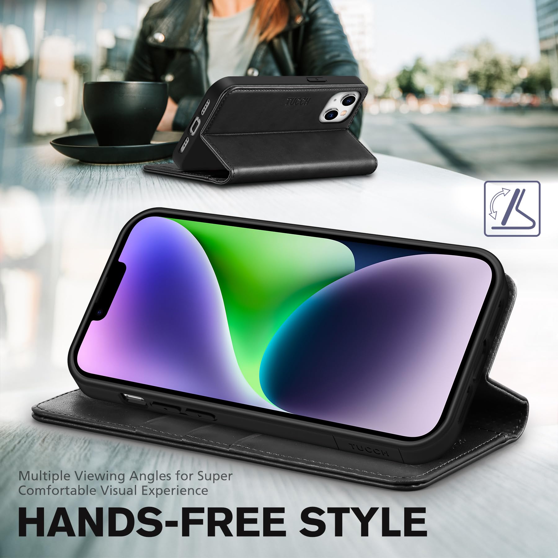 TUCCH Case Wallet for iPhone 14 6.1", [3 Card Holder] Slots [RFID Blocking] Stand Flip Folio PU Leather Cover, with [TPU Shockproof Interior Case] Compatible with iPhone 14 2022, Classic Black