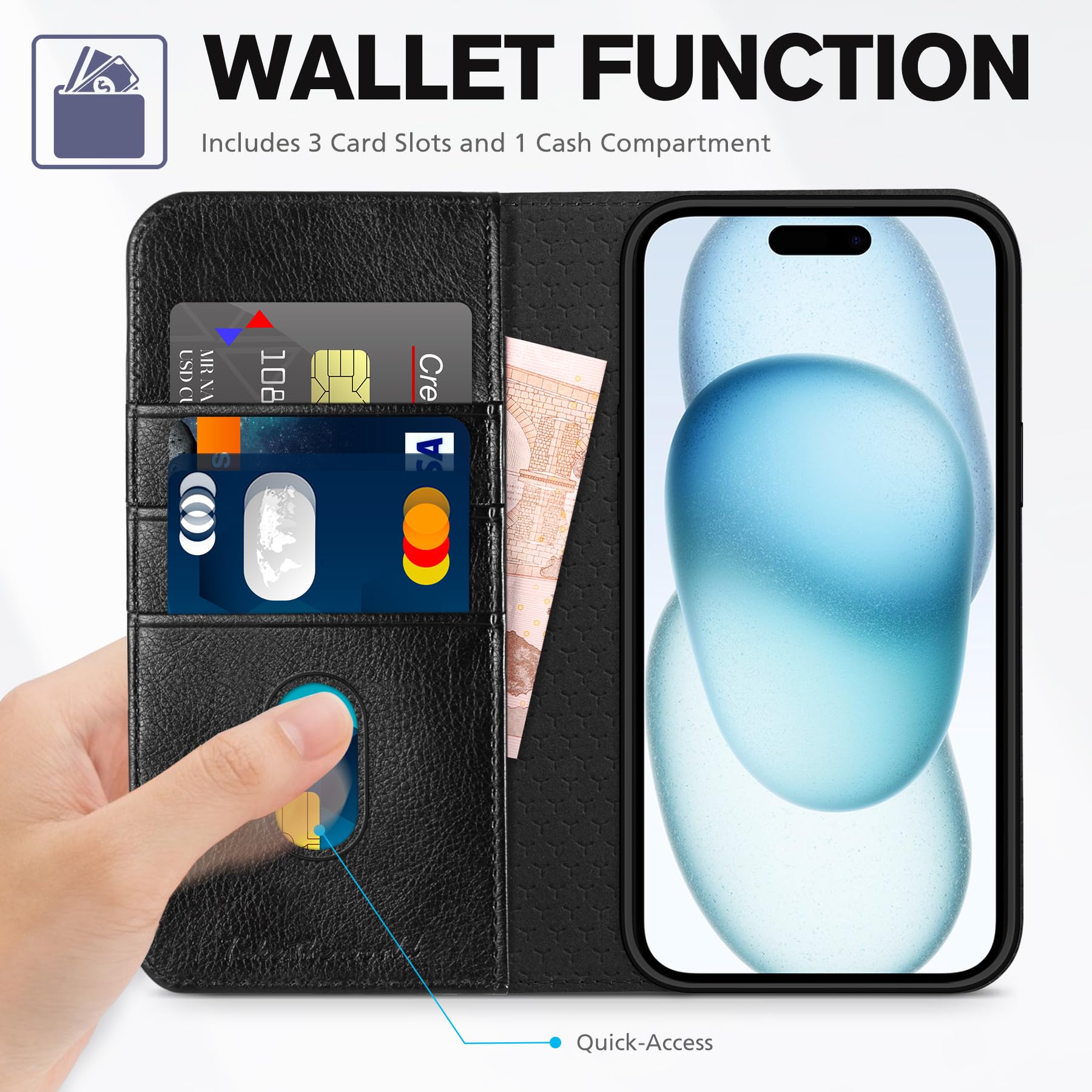 TUCCH Case Wallet for iPhone 15 6.1", [3 Card Slots] Kickstand PU Leather [RFID Blocking] Case, Flip Folio Cover with [TPU Shockproof Interior Shell] Compatible with iPhone 15 5G 2023, Classic Black