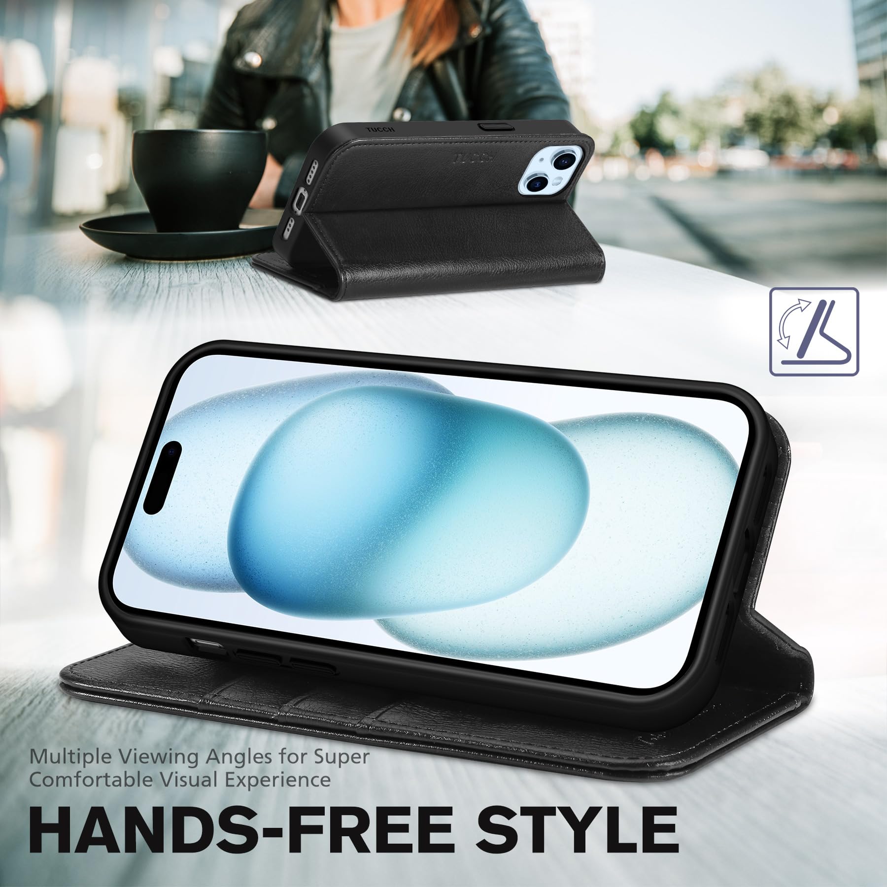 TUCCH Case Wallet for iPhone 15 6.1", [3 Card Slots] Kickstand PU Leather [RFID Blocking] Case, Flip Folio Cover with [TPU Shockproof Interior Shell] Compatible with iPhone 15 5G 2023, Classic Black