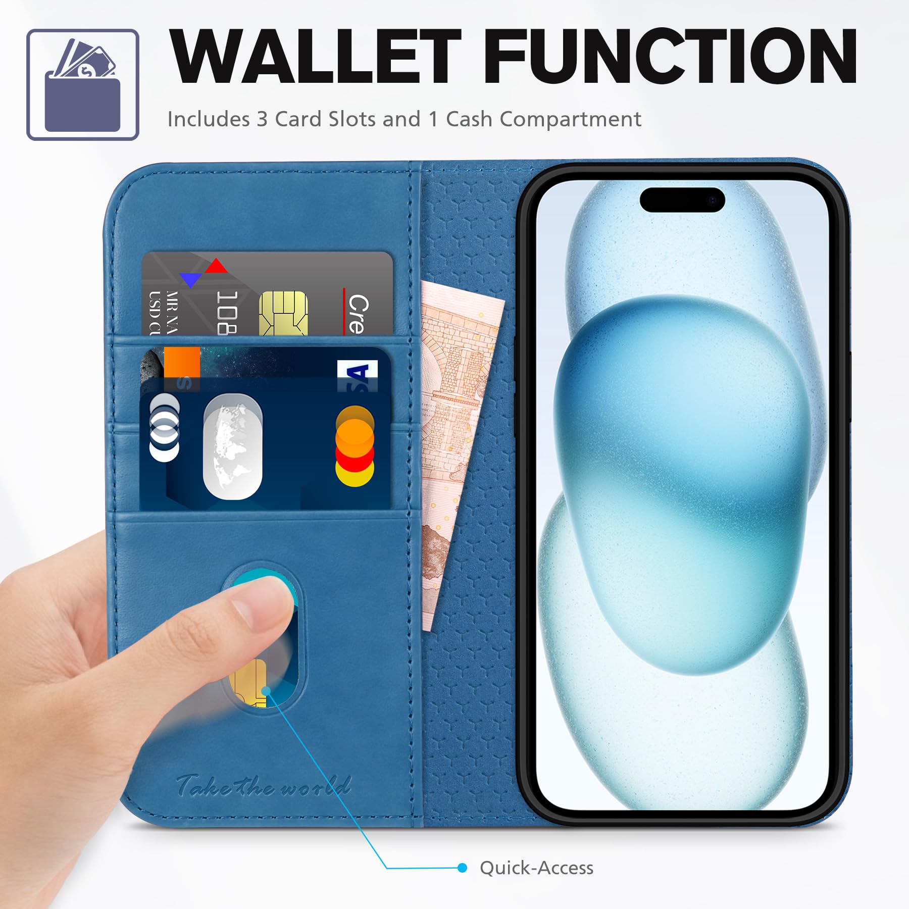 TUCCH Case Wallet for iPhone 15 6.1", [3 Card Slots] Kickstand PU Leather [RFID Blocking] Case, Flip Folio Cover with [TPU Shockproof Interior Shell] Compatible with iPhone 15 5G 2023, Classic Black