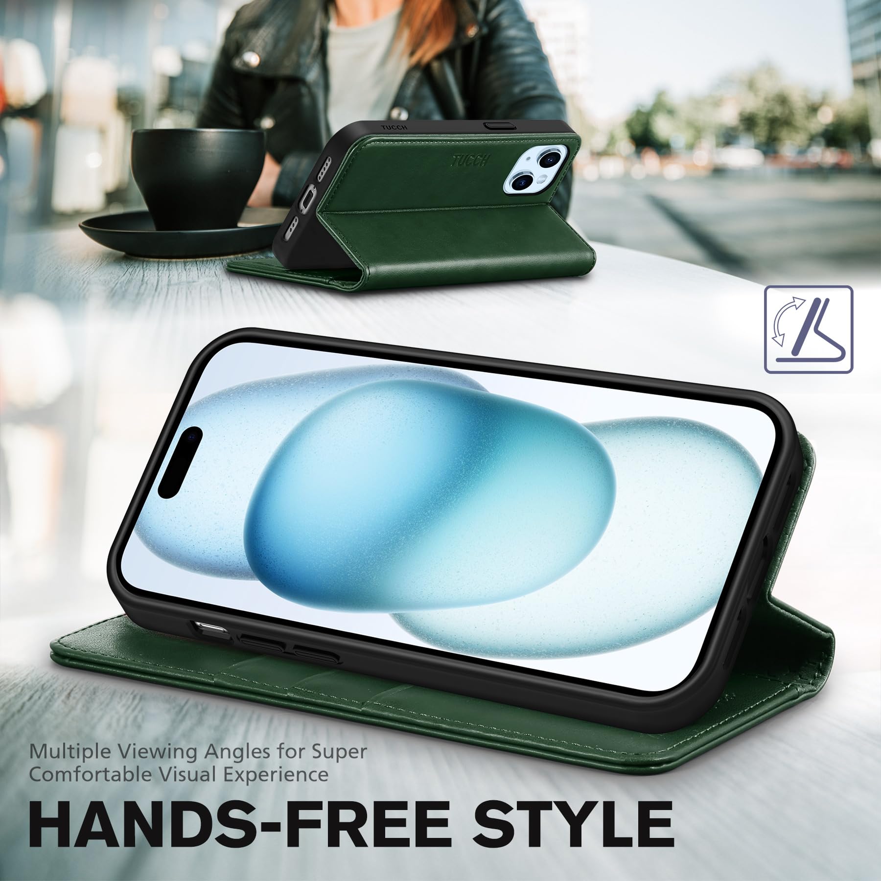 TUCCH Case Wallet for iPhone 15 6.1", [3 Card Slots] Kickstand PU Leather [RFID Blocking] Case, Flip Folio Cover with [TPU Shockproof Interior Shell] Compatible with iPhone 15 5G 2023, Classic Black