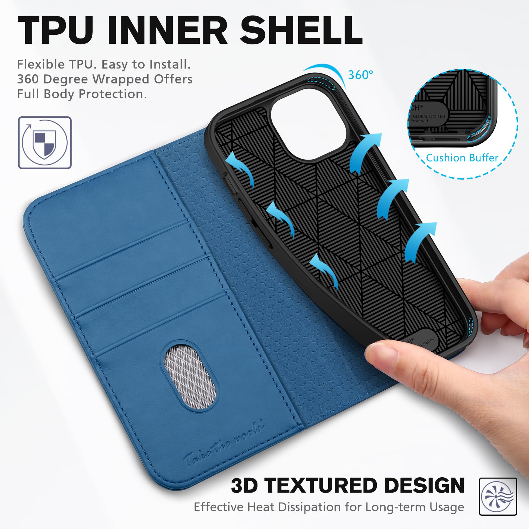 TUCCH Case Wallet for iPhone 15 6.1", [3 Card Slots] Kickstand PU Leather [RFID Blocking] Case, Flip Folio Cover with [TPU Shockproof Interior Shell] Compatible with iPhone 15 5G 2023, Classic Black