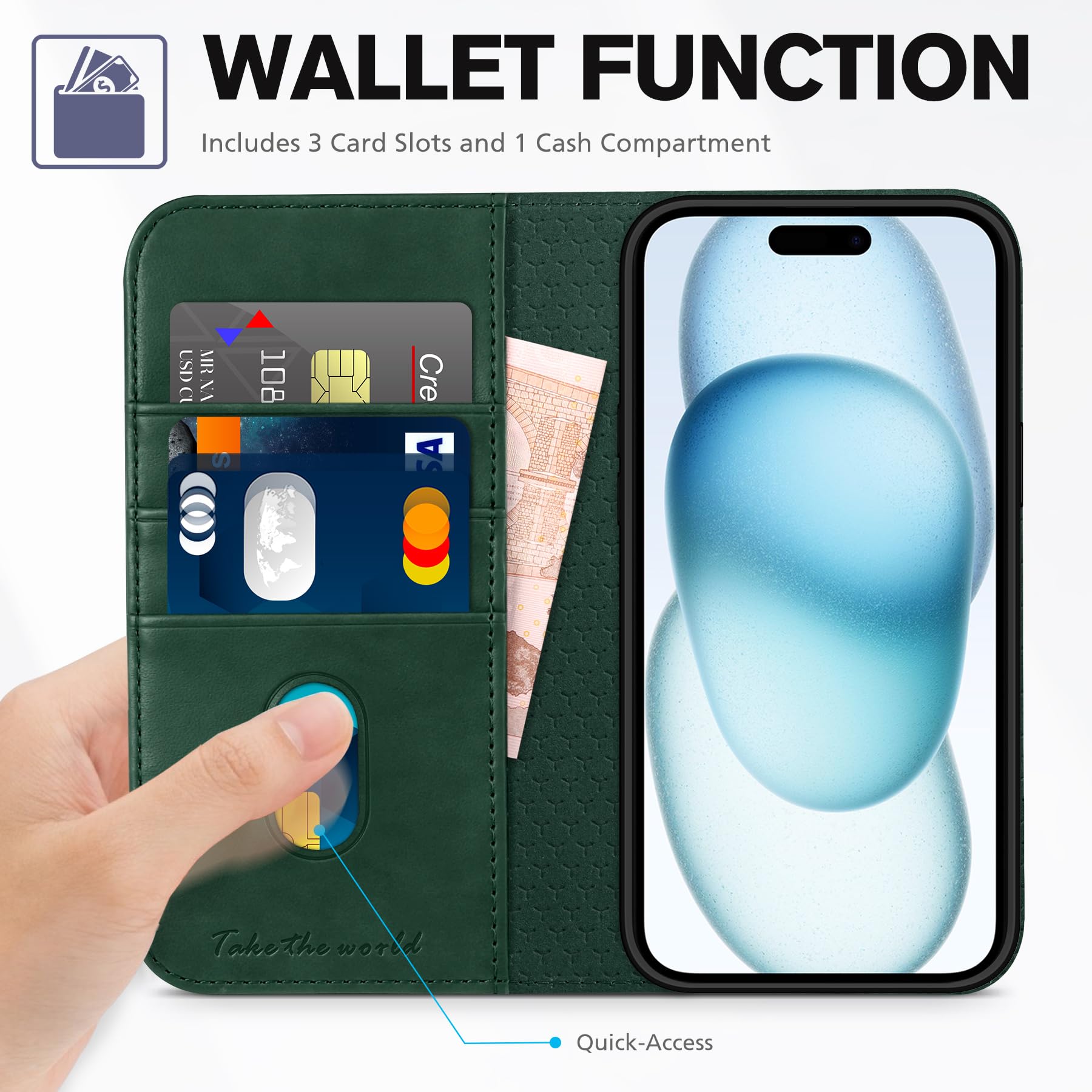 TUCCH Case Wallet for iPhone 15 6.1", [3 Card Slots] Kickstand PU Leather [RFID Blocking] Case, Flip Folio Cover with [TPU Shockproof Interior Shell] Compatible with iPhone 15 5G 2023, Classic Black