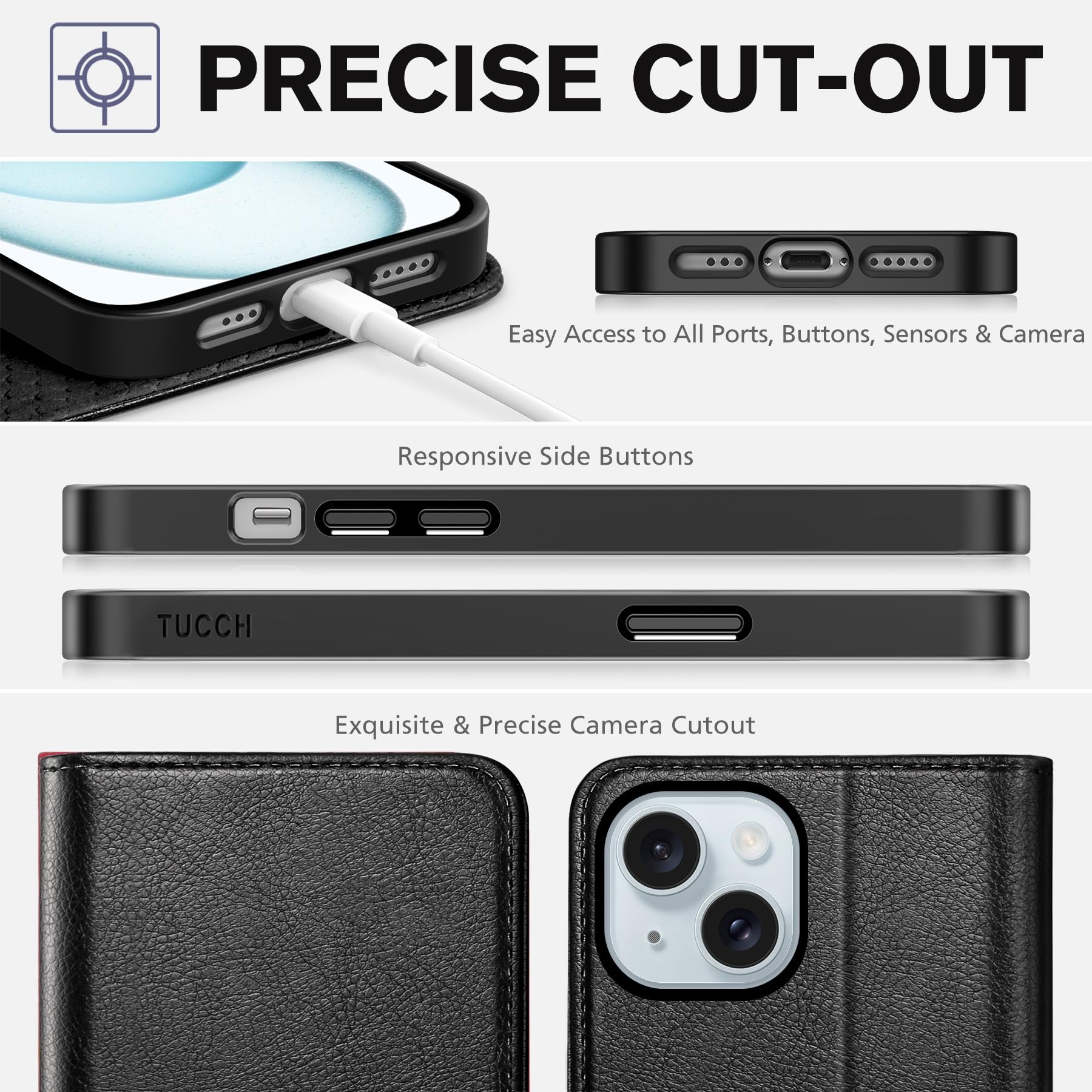 TUCCH Case Wallet for iPhone 15 6.1", [3 Card Slots] Kickstand PU Leather [RFID Blocking] Case, Flip Folio Cover with [TPU Shockproof Interior Shell] Compatible with iPhone 15 5G 2023, Classic Black