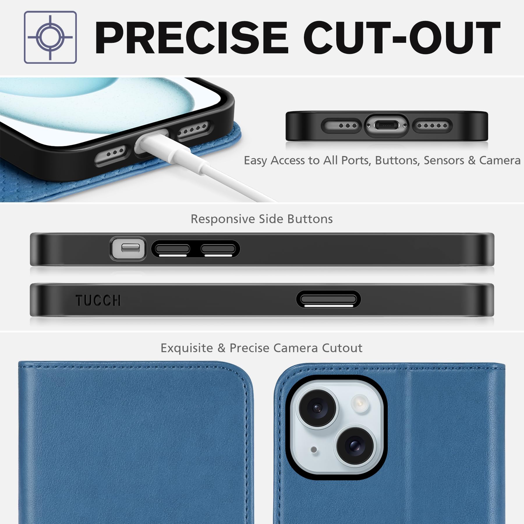 TUCCH Case Wallet for iPhone 15 6.1", [3 Card Slots] Kickstand PU Leather [RFID Blocking] Case, Flip Folio Cover with [TPU Shockproof Interior Shell] Compatible with iPhone 15 5G 2023, Classic Black