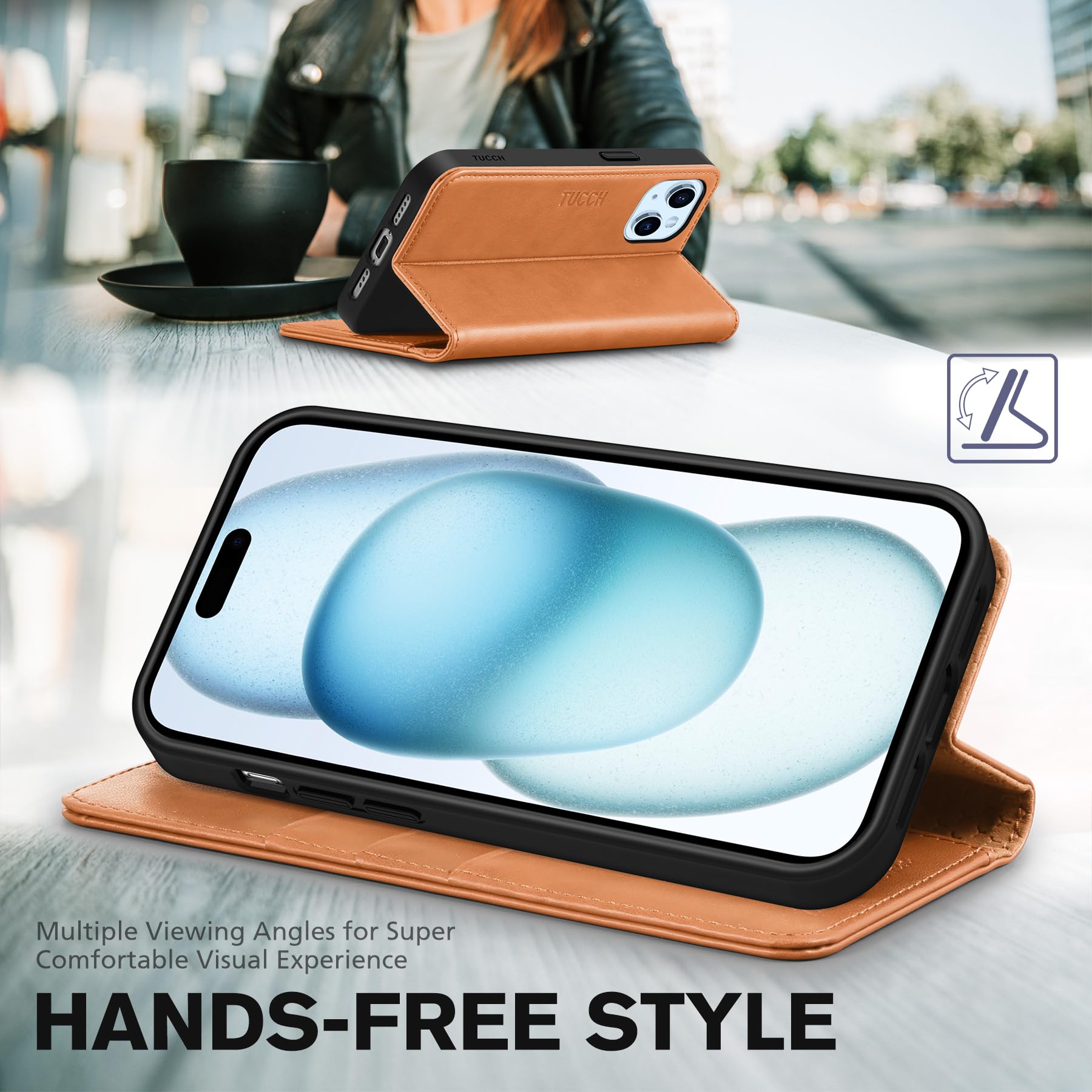 TUCCH Case Wallet for iPhone 15 6.1", [3 Card Slots] Kickstand PU Leather [RFID Blocking] Case, Flip Folio Cover with [TPU Shockproof Interior Shell] Compatible with iPhone 15 5G 2023, Classic Black