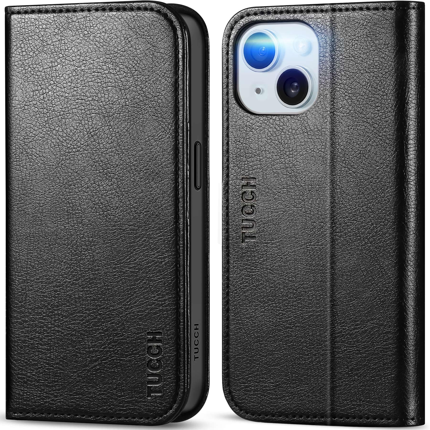 TUCCH Case Wallet for iPhone 15 6.1", [3 Card Slots] Kickstand PU Leather [RFID Blocking] Case, Flip Folio Cover with [TPU Shockproof Interior Shell] Compatible with iPhone 15 5G 2023, Classic Black
