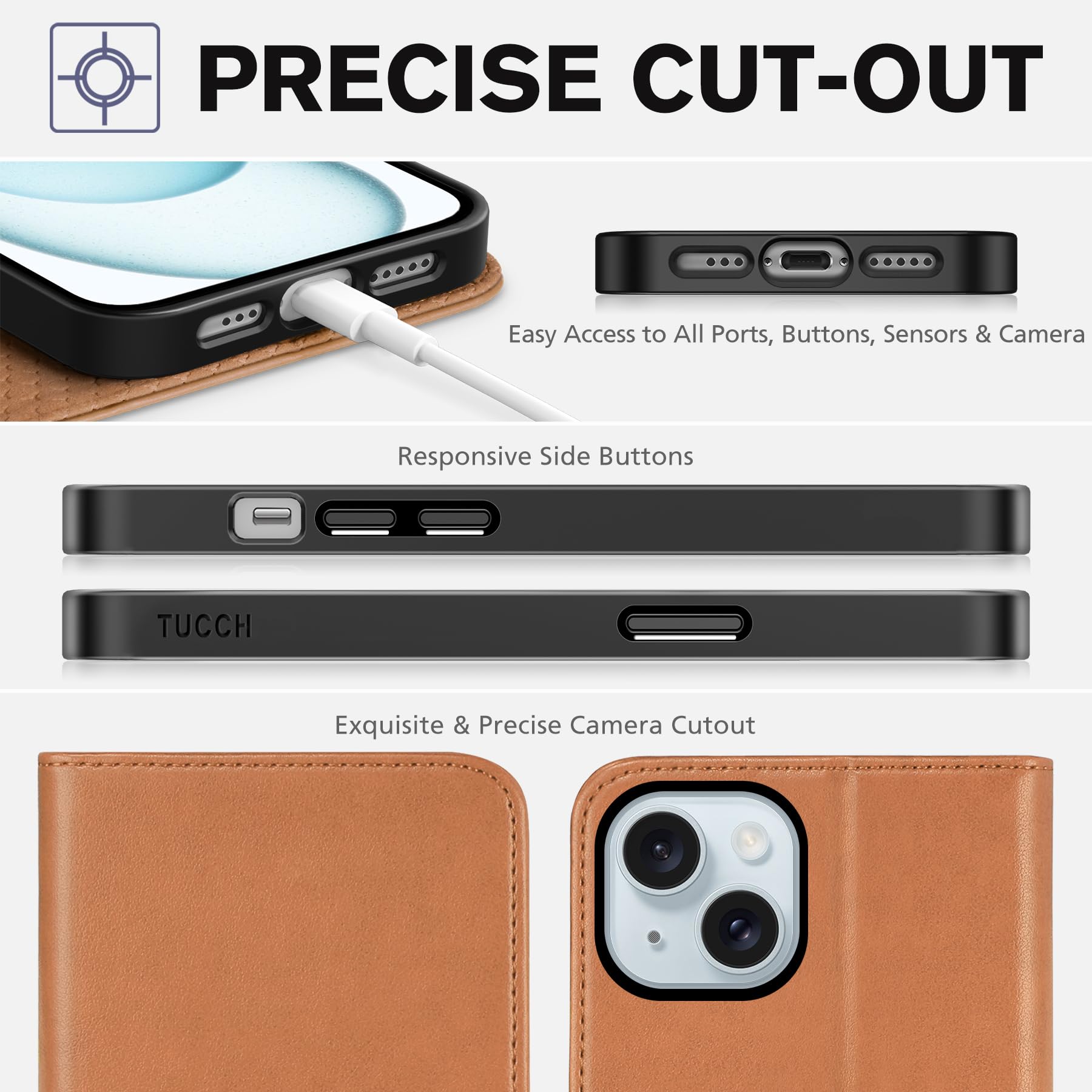 TUCCH Case Wallet for iPhone 15 6.1", [3 Card Slots] Kickstand PU Leather [RFID Blocking] Case, Flip Folio Cover with [TPU Shockproof Interior Shell] Compatible with iPhone 15 5G 2023, Classic Black