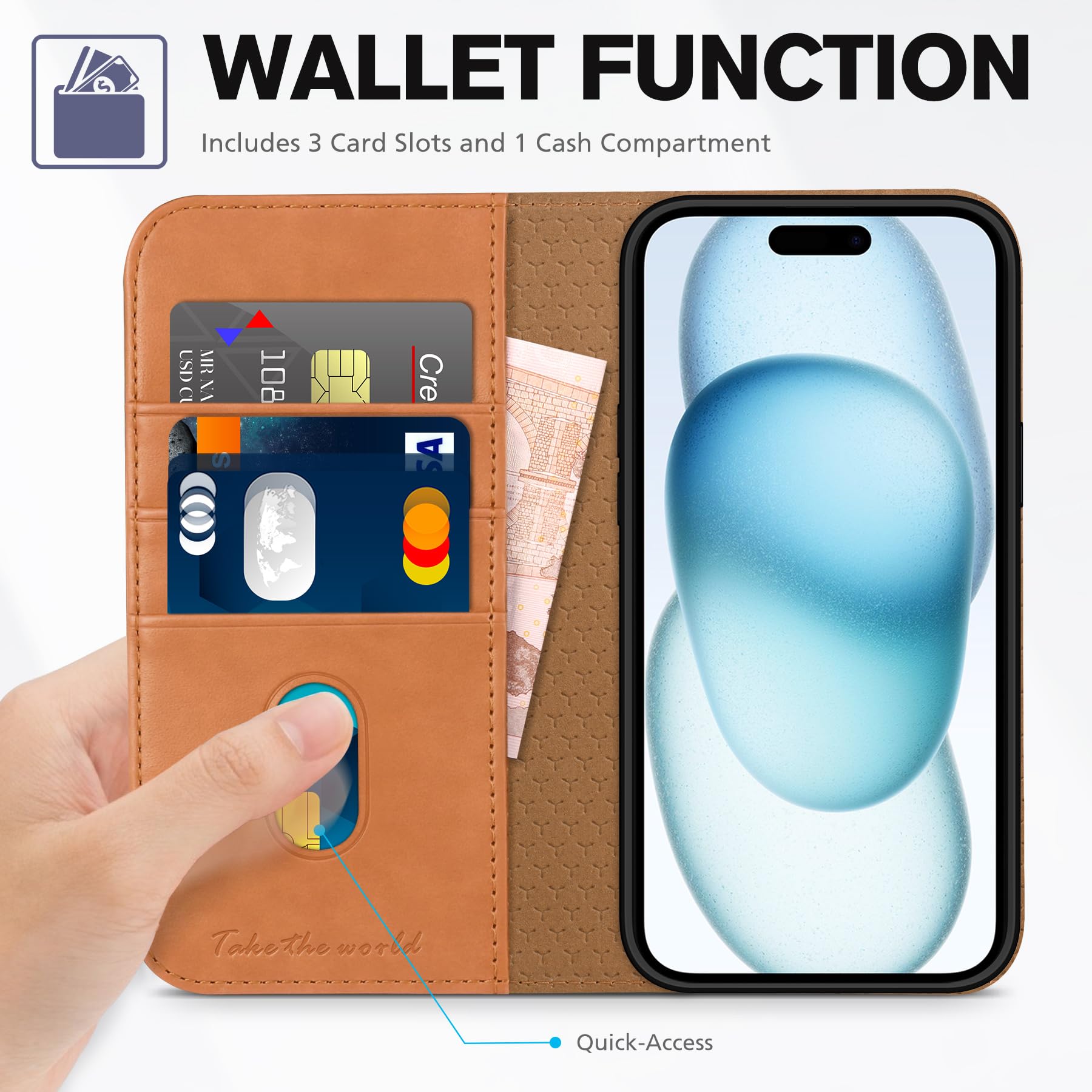 TUCCH Case Wallet for iPhone 15 6.1", [3 Card Slots] Kickstand PU Leather [RFID Blocking] Case, Flip Folio Cover with [TPU Shockproof Interior Shell] Compatible with iPhone 15 5G 2023, Classic Black