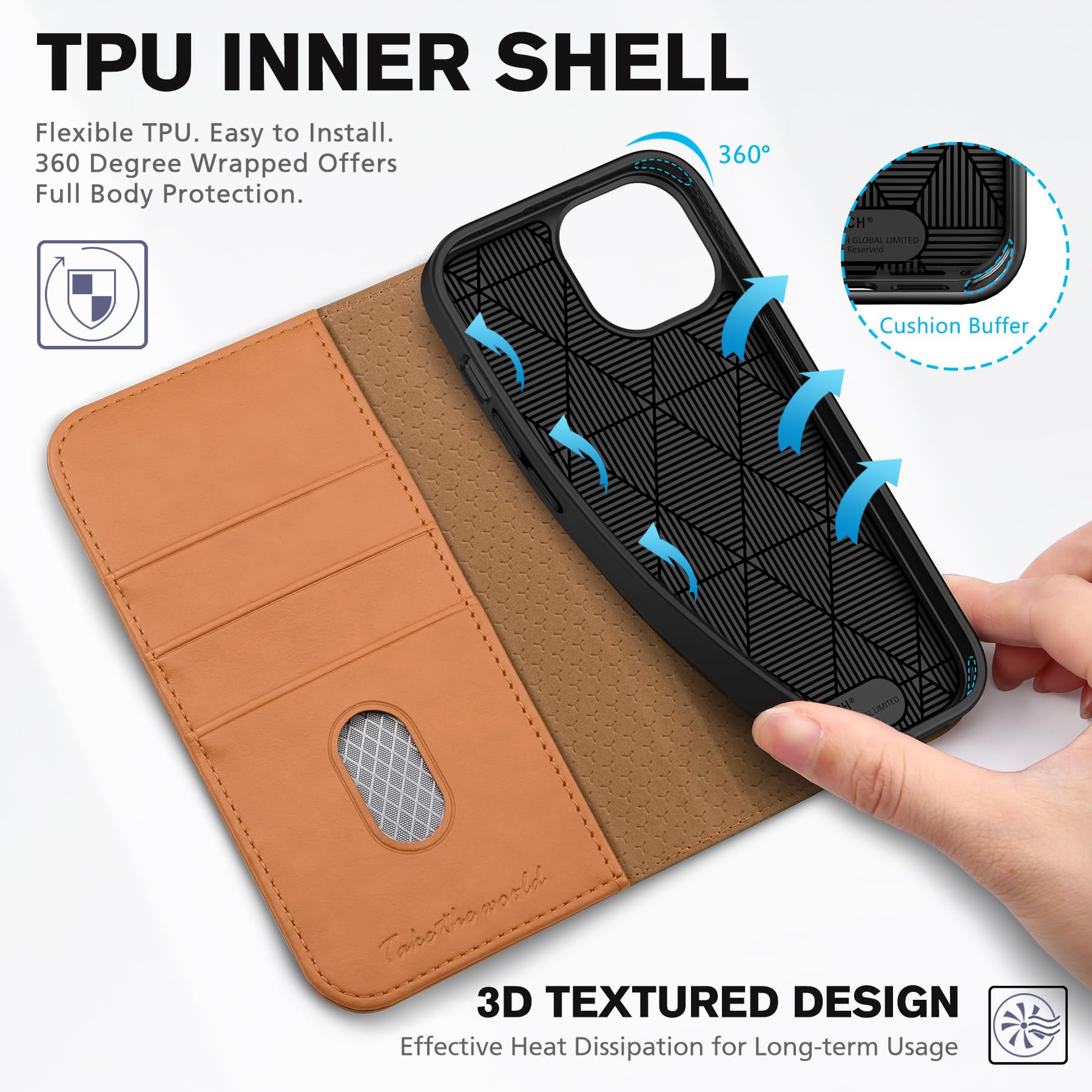 TUCCH Case Wallet for iPhone 15 6.1", [3 Card Slots] Kickstand PU Leather [RFID Blocking] Case, Flip Folio Cover with [TPU Shockproof Interior Shell] Compatible with iPhone 15 5G 2023, Classic Black