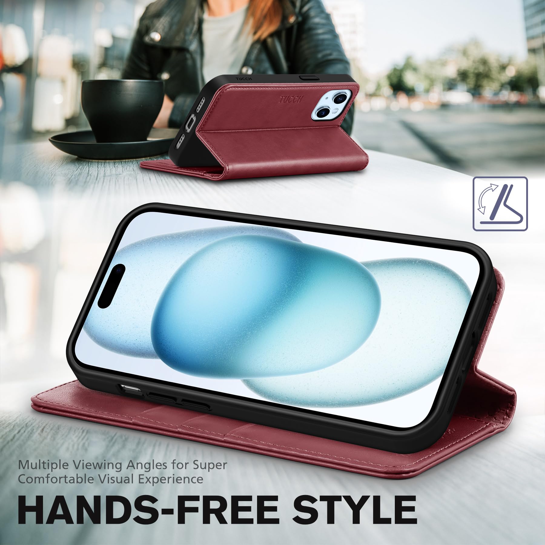 TUCCH Case Wallet for iPhone 15 6.1", [3 Card Slots] Kickstand PU Leather [RFID Blocking] Case, Flip Folio Cover with [TPU Shockproof Interior Shell] Compatible with iPhone 15 5G 2023, Classic Black