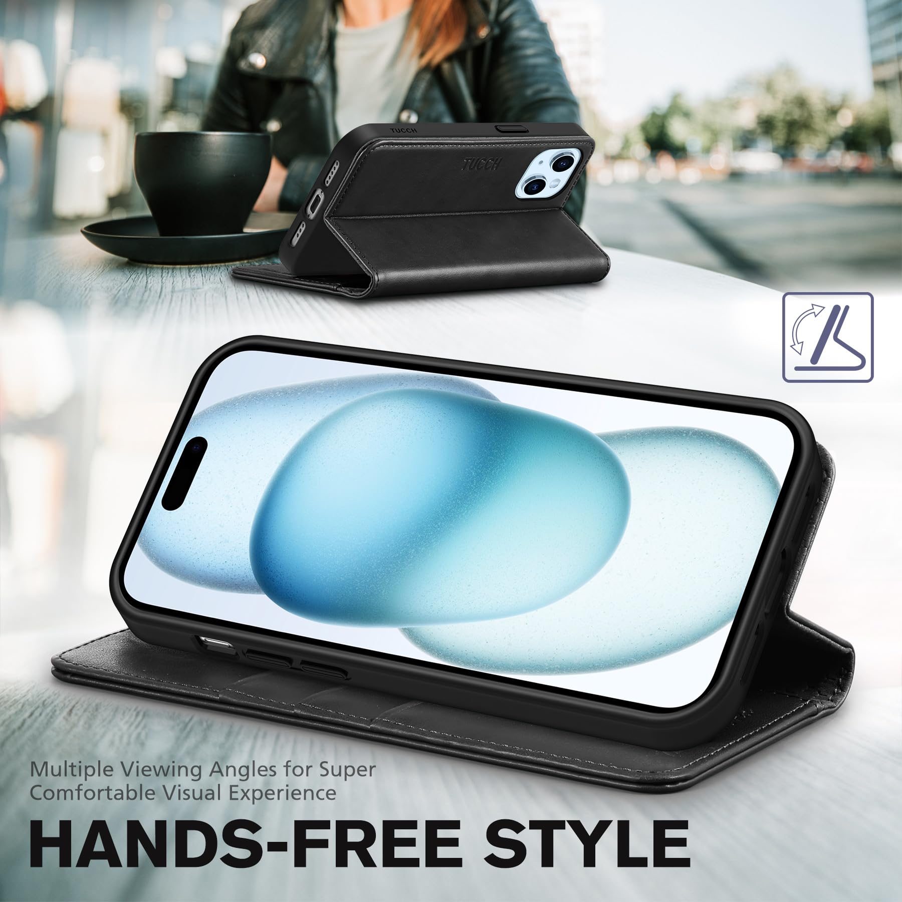 TUCCH Case Wallet for iPhone 15 6.1", [3 Card Slots] Kickstand PU Leather [RFID Blocking] Case, Flip Folio Cover with [TPU Shockproof Interior Shell] Compatible with iPhone 15 5G 2023, Classic Black