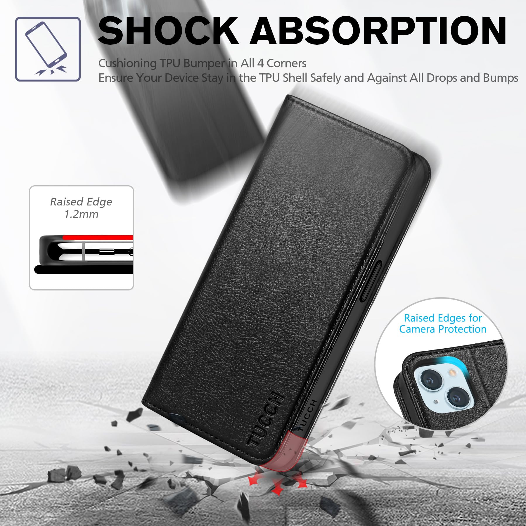 TUCCH Case Wallet for iPhone 15 6.1", [3 Card Slots] Kickstand PU Leather [RFID Blocking] Case, Flip Folio Cover with [TPU Shockproof Interior Shell] Compatible with iPhone 15 5G 2023, Classic Black