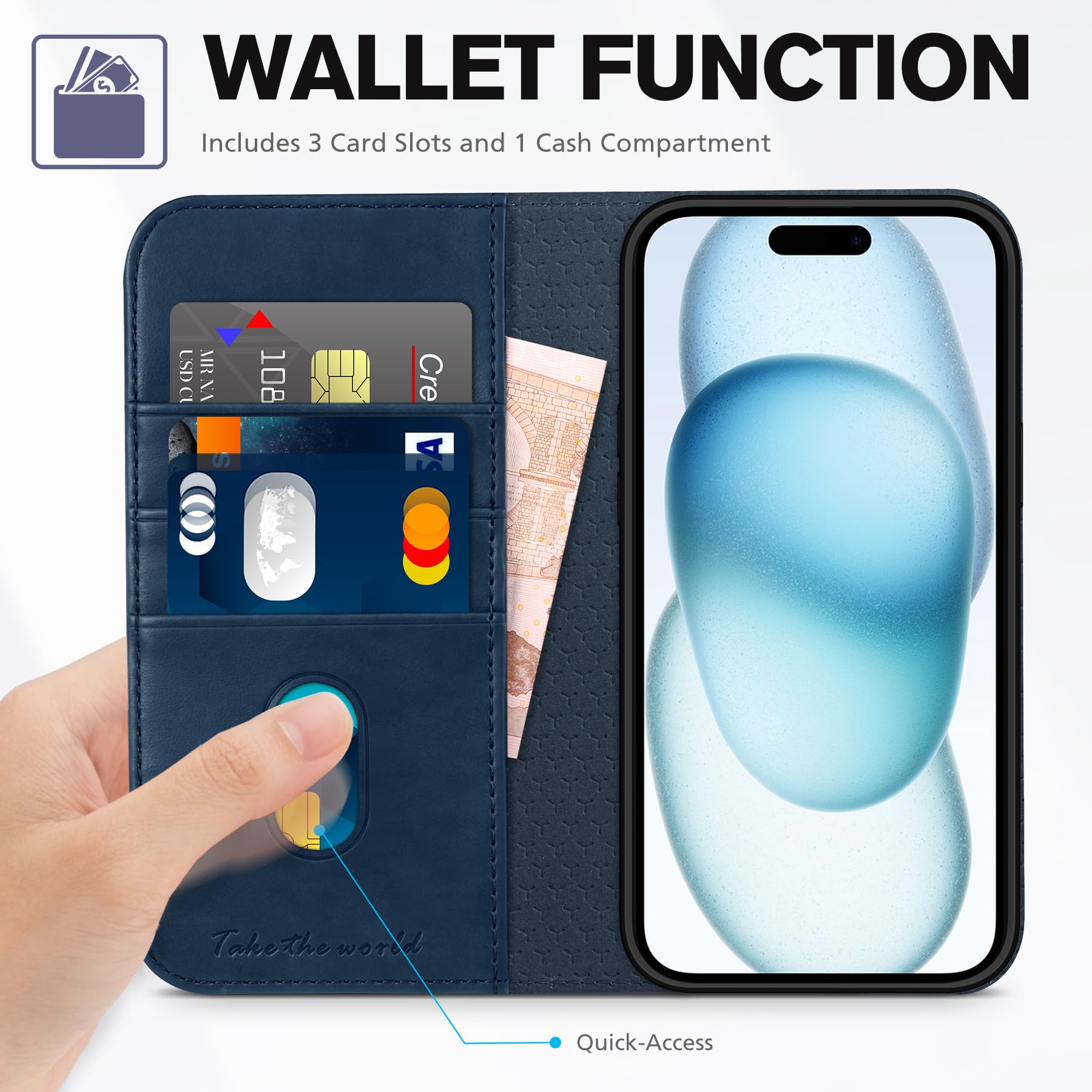 TUCCH Case Wallet for iPhone 15 6.1", [3 Card Slots] Kickstand PU Leather [RFID Blocking] Case, Flip Folio Cover with [TPU Shockproof Interior Shell] Compatible with iPhone 15 5G 2023, Classic Black