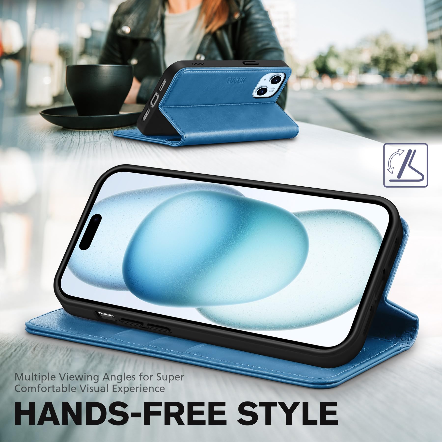 TUCCH Case Wallet for iPhone 15 6.1", [3 Card Slots] Kickstand PU Leather [RFID Blocking] Case, Flip Folio Cover with [TPU Shockproof Interior Shell] Compatible with iPhone 15 5G 2023, Classic Black