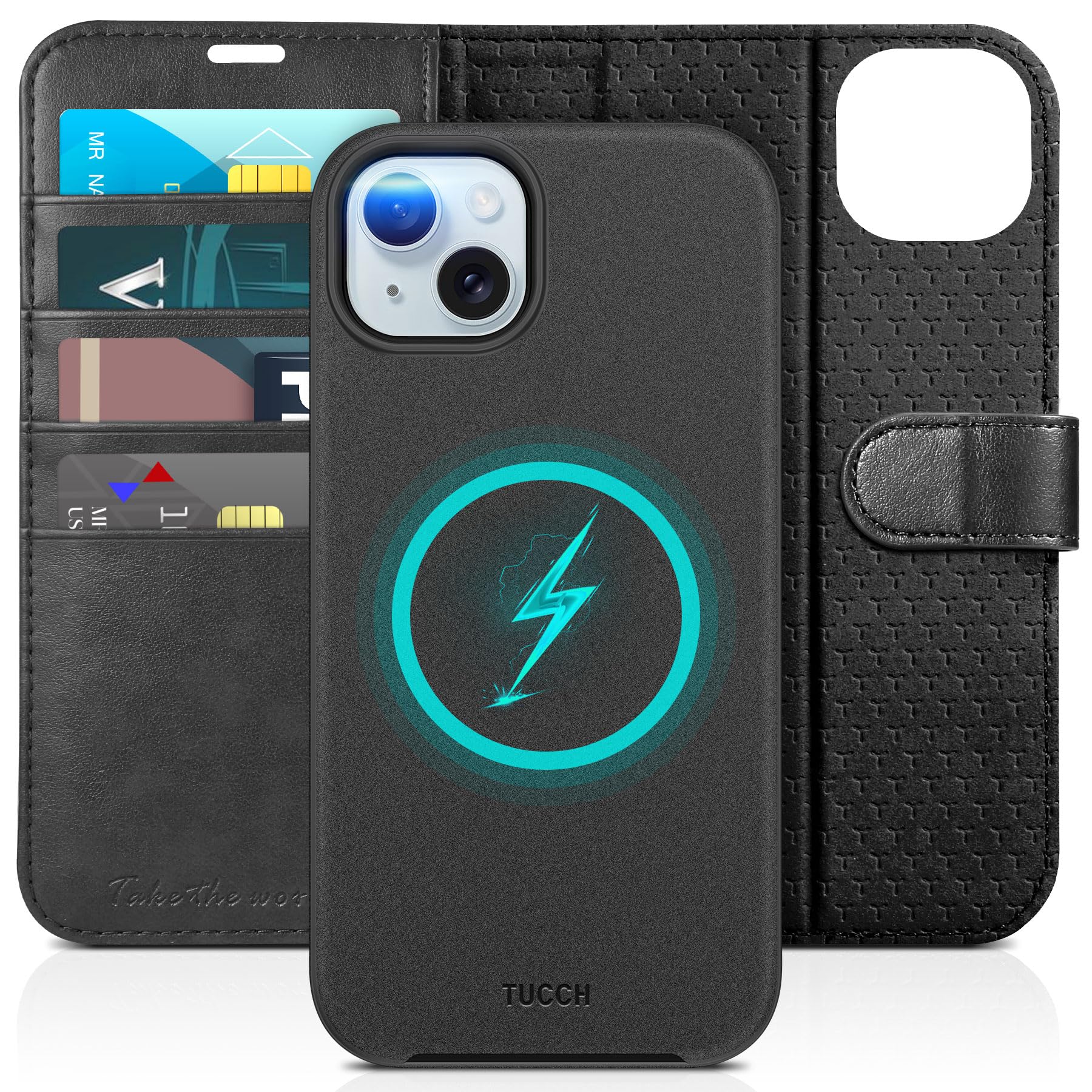 TUCCH Case Wallet for iPhone 15 Plus, [RFID Blocking] 4 Card Holder Kickstand [Shockproof TPU Interior Case] PU Leather Magnetic Protective Flip Cover 6.7", Black