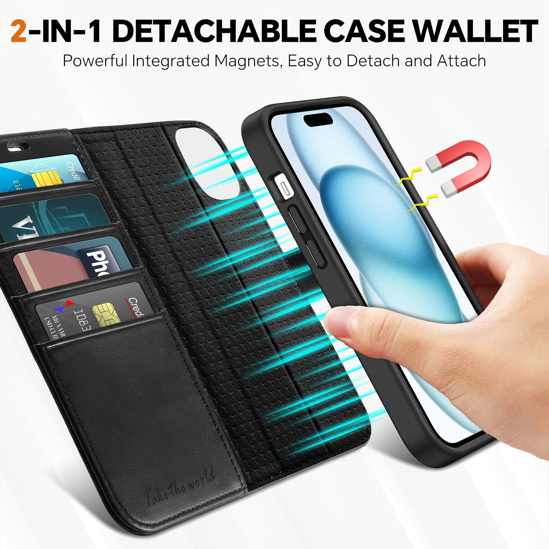 TUCCH Case Wallet for iPhone 15 Plus, [RFID Blocking] 4 Card Holder Kickstand [Shockproof TPU Interior Case] PU Leather Magnetic Protective Flip Cover 6.7", Black