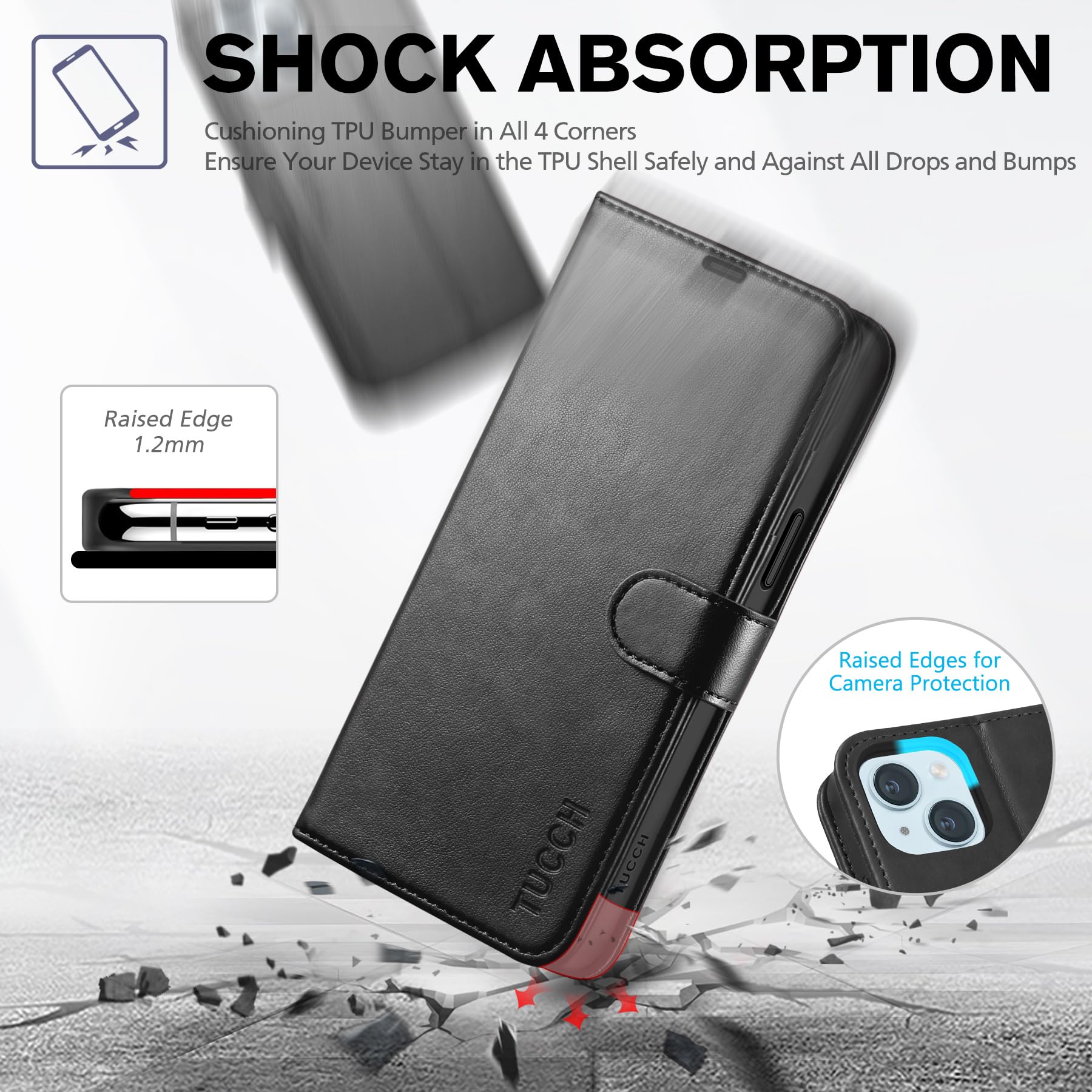 TUCCH Case Wallet for iPhone 15 Plus, [RFID Blocking] 4 Card Holder Kickstand [Shockproof TPU Interior Case] PU Leather Magnetic Protective Flip Cover 6.7", Black