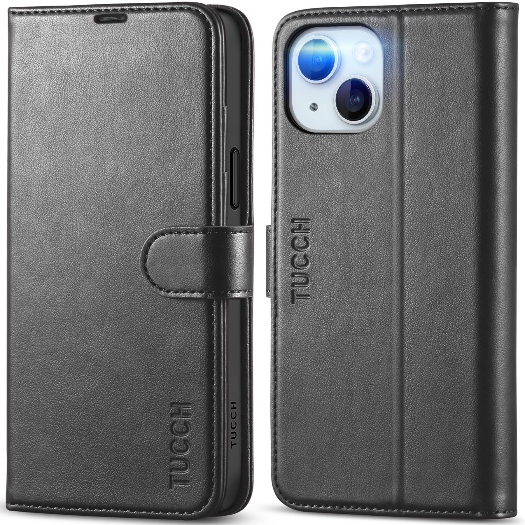 TUCCH Case Wallet for iPhone 15 Plus, [RFID Blocking] 4 Card Holder Kickstand [Shockproof TPU Interior Case] PU Leather Magnetic Protective Flip Cover 6.7", Black