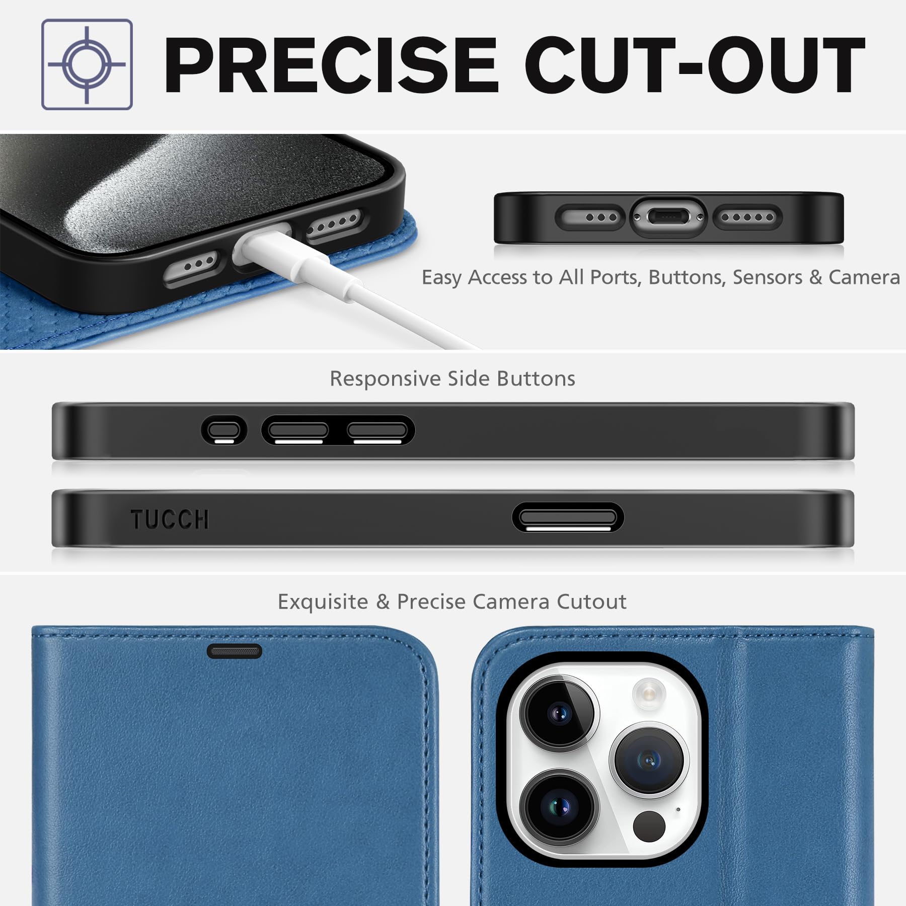 TUCCH Case Wallet for iPhone 15 Pro, RFID Blocking [4 Card Holder] Kickstand [Shockproof TPU Inner Shell] PU Leather Magnetic Protective Flip Cover 6.1" 2023, Black