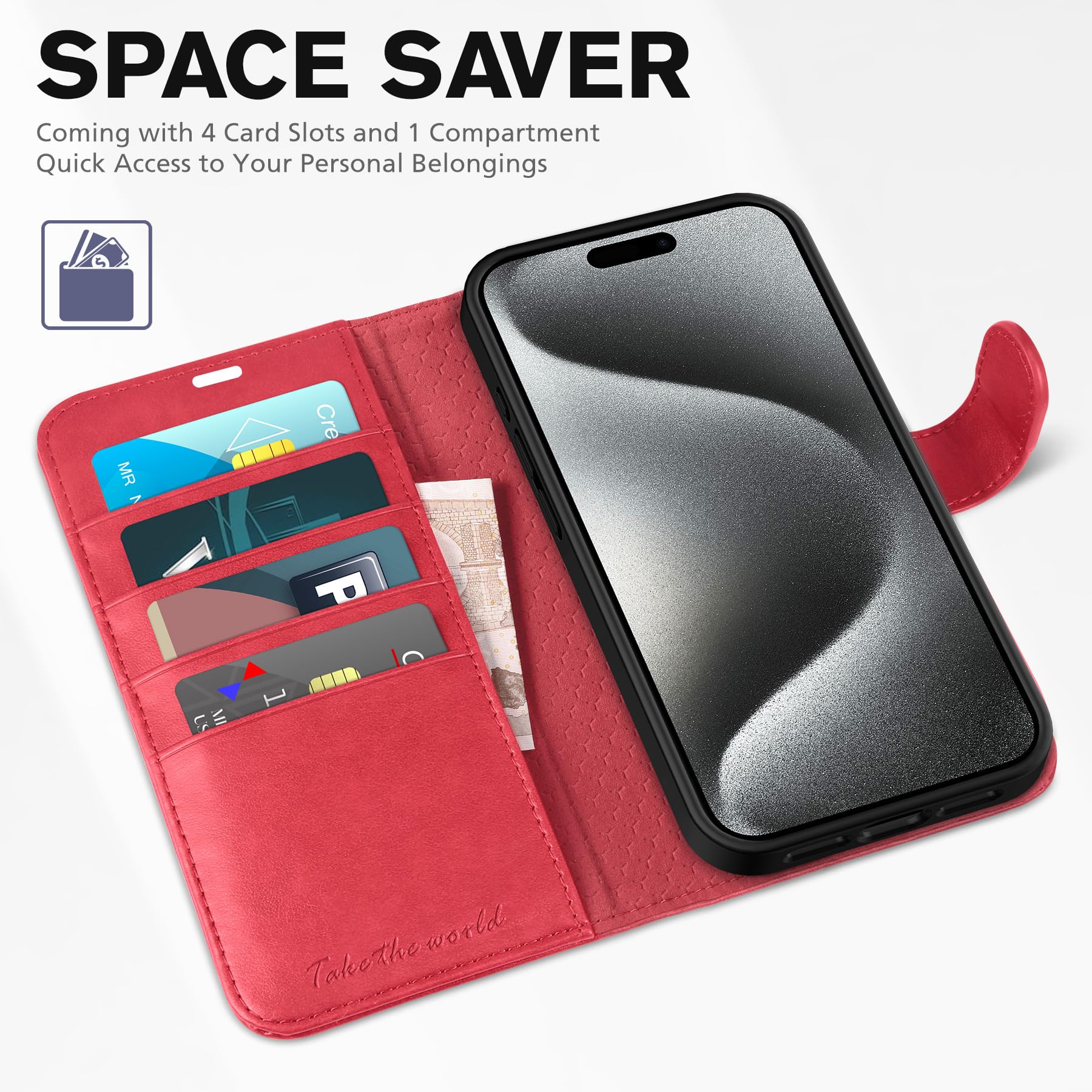 TUCCH Case Wallet for iPhone 15 Pro, RFID Blocking [4 Card Holder] Kickstand [Shockproof TPU Inner Shell] PU Leather Magnetic Protective Flip Cover 6.1" 2023, Black