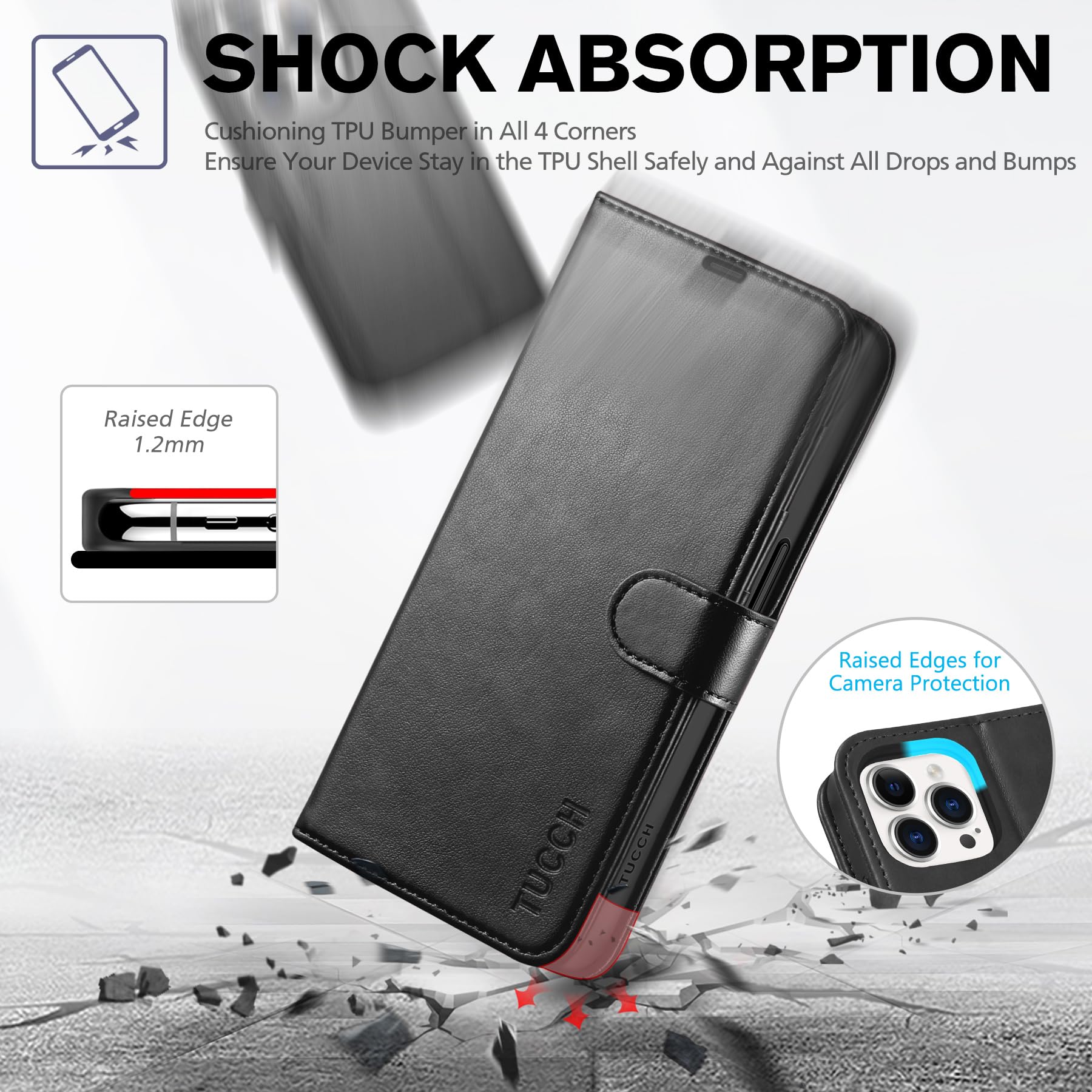 TUCCH Case Wallet for iPhone 15 Pro, RFID Blocking [4 Card Holder] Kickstand [Shockproof TPU Inner Shell] PU Leather Magnetic Protective Flip Cover 6.1" 2023, Black