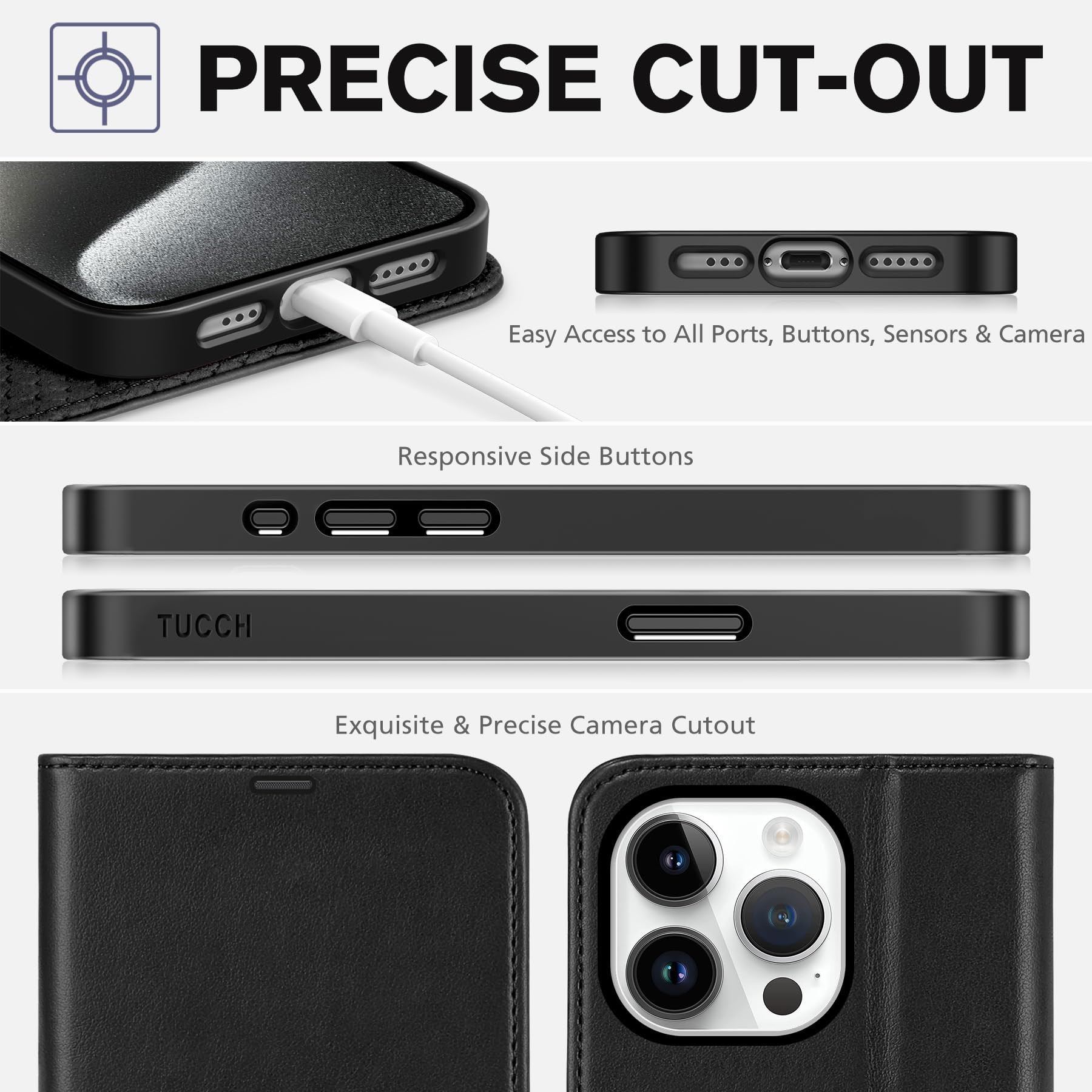 TUCCH Case Wallet for iPhone 15 Pro, RFID Blocking [4 Card Holder] Kickstand [Shockproof TPU Inner Shell] PU Leather Magnetic Protective Flip Cover 6.1" 2023, Black