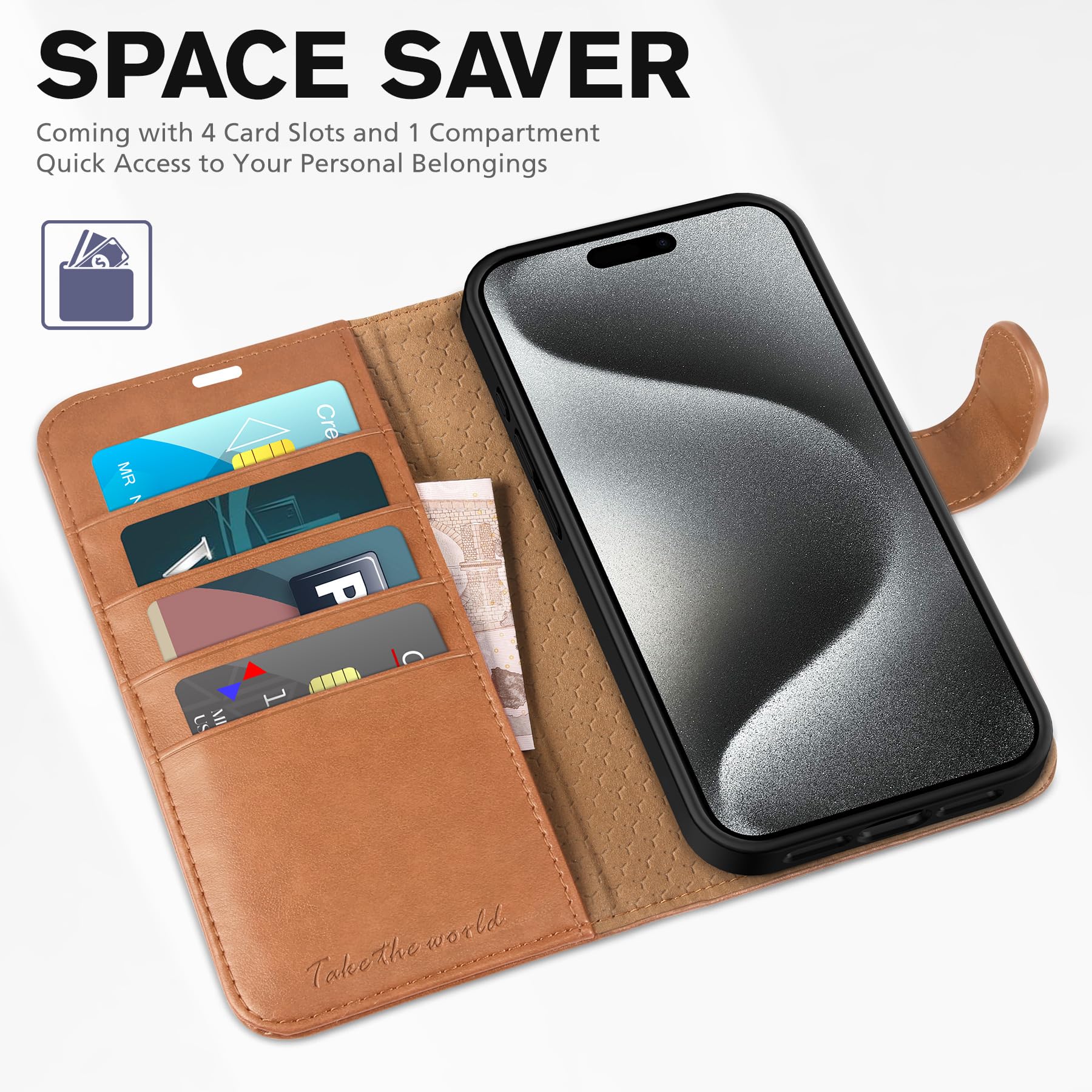 TUCCH Case Wallet for iPhone 15 Pro, RFID Blocking [4 Card Holder] Kickstand [Shockproof TPU Inner Shell] PU Leather Magnetic Protective Flip Cover 6.1" 2023, Black