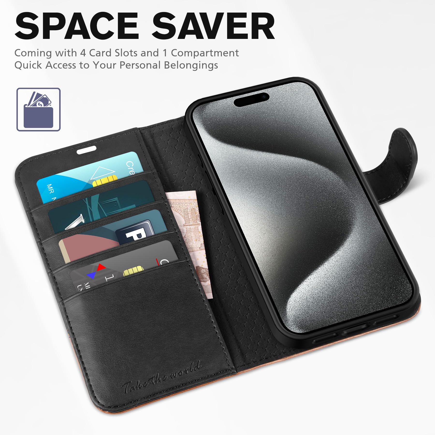 TUCCH Case Wallet for iPhone 15 Pro, RFID Blocking [4 Card Holder] Kickstand [Shockproof TPU Inner Shell] PU Leather Magnetic Protective Flip Cover 6.1" 2023, Black