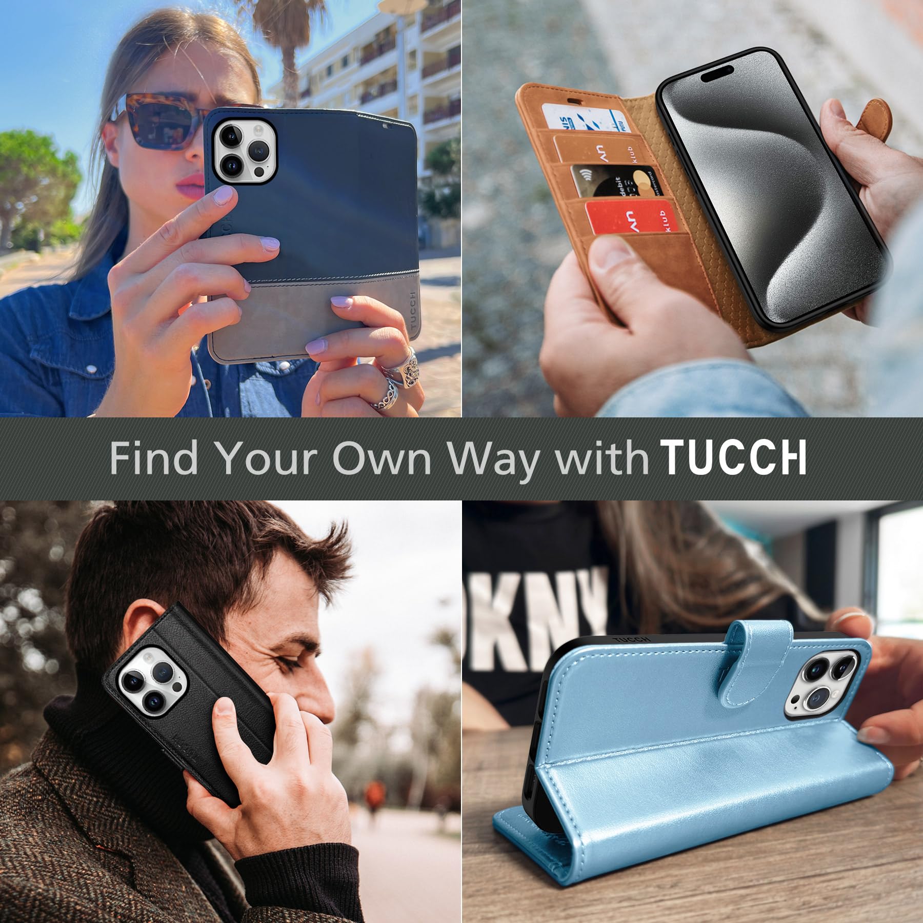 TUCCH Case Wallet for iPhone 15 Pro, RFID Blocking [4 Card Holder] Kickstand [Shockproof TPU Inner Shell] PU Leather Magnetic Protective Flip Cover 6.1" 2023, Black