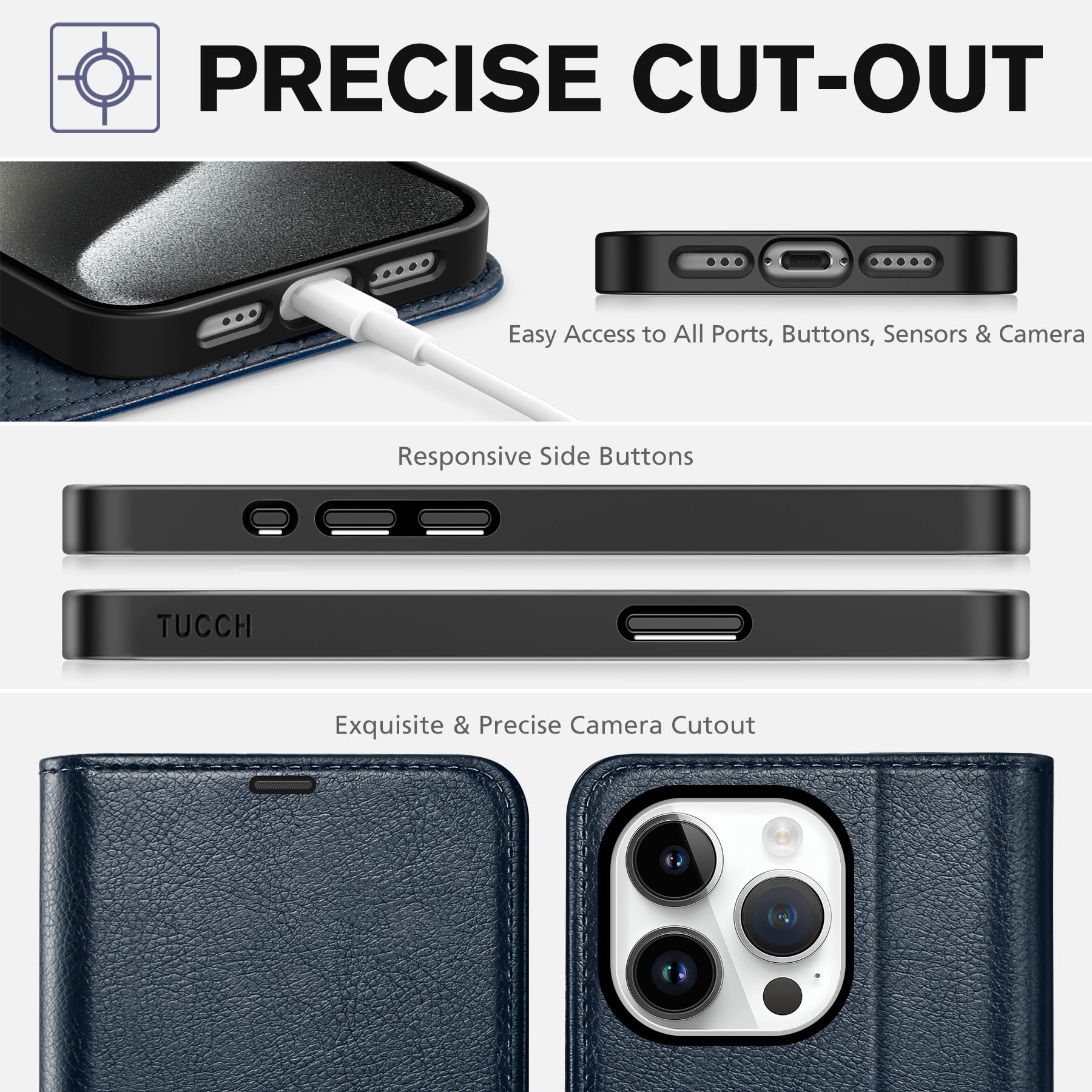 TUCCH Case Wallet for iPhone 15 Pro, RFID Blocking [4 Card Holder] Kickstand [Shockproof TPU Inner Shell] PU Leather Magnetic Protective Flip Cover 6.1" 2023, Black