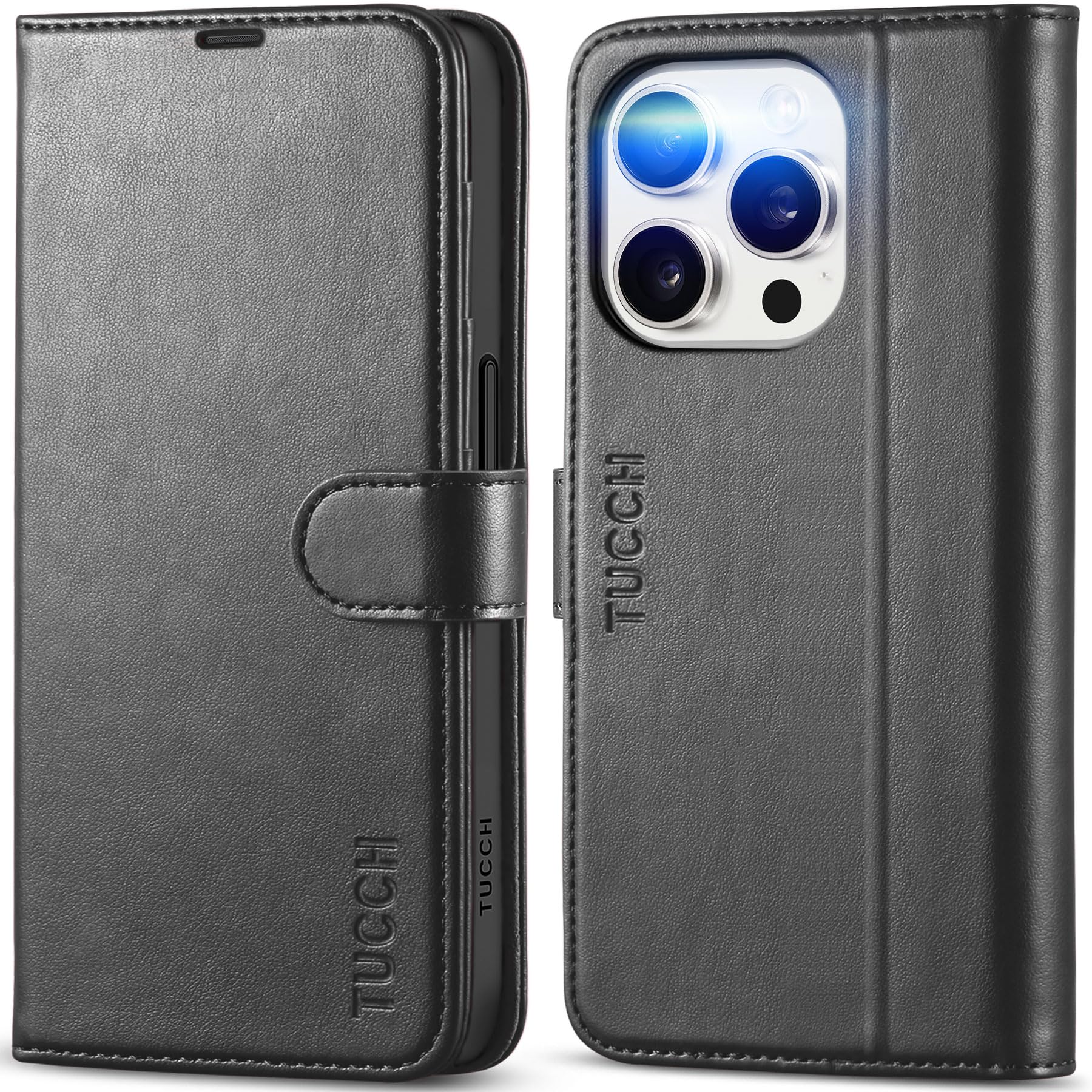 TUCCH Case Wallet for iPhone 15 Pro, RFID Blocking [4 Card Holder] Kickstand [Shockproof TPU Inner Shell] PU Leather Magnetic Protective Flip Cover 6.1" 2023, Black