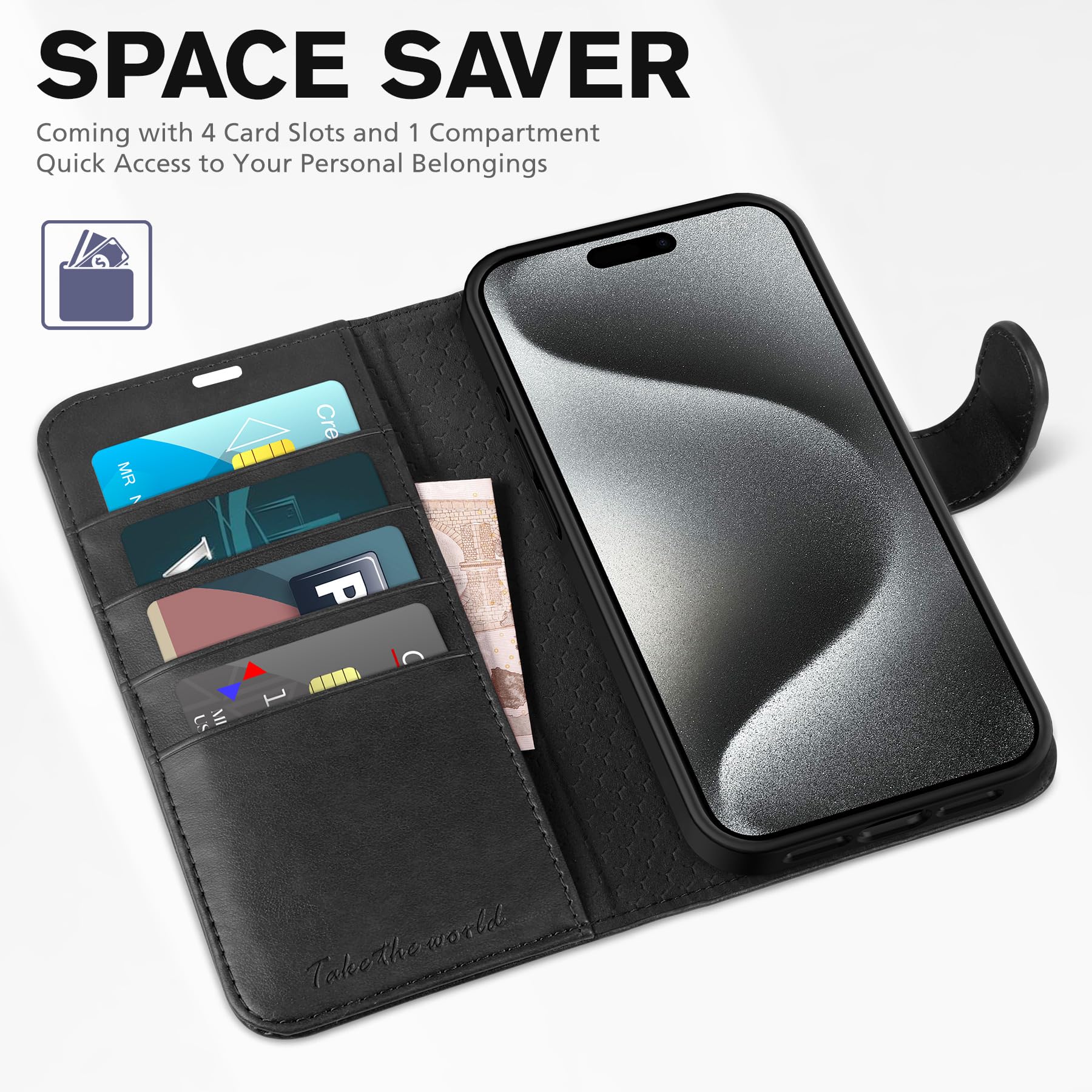 TUCCH Case Wallet for iPhone 15 Pro, RFID Blocking [4 Card Holder] Kickstand [Shockproof TPU Inner Shell] PU Leather Magnetic Protective Flip Cover 6.1" 2023, Black