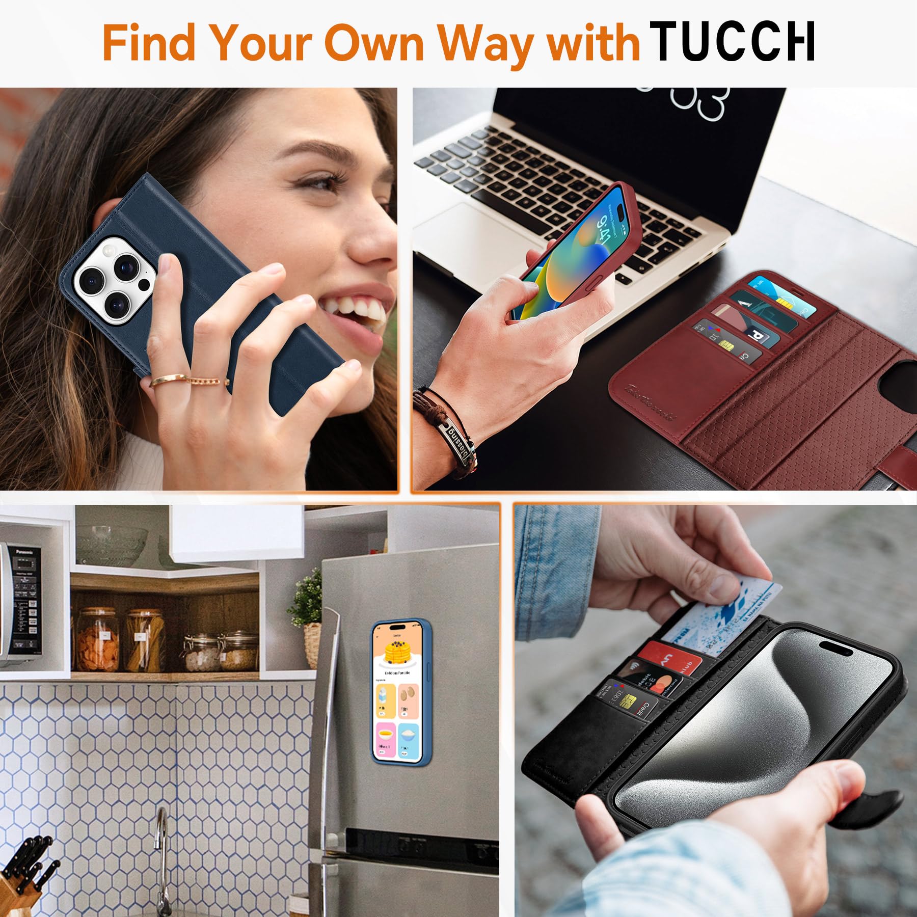 TUCCH Case Wallet for iPhone 15 Pro, RFID Blocking [4 Card Holder] Kickstand [Shockproof TPU Inner Shell] PU Leather Magnetic Protective Flip Cover 6.1" 2023, Black