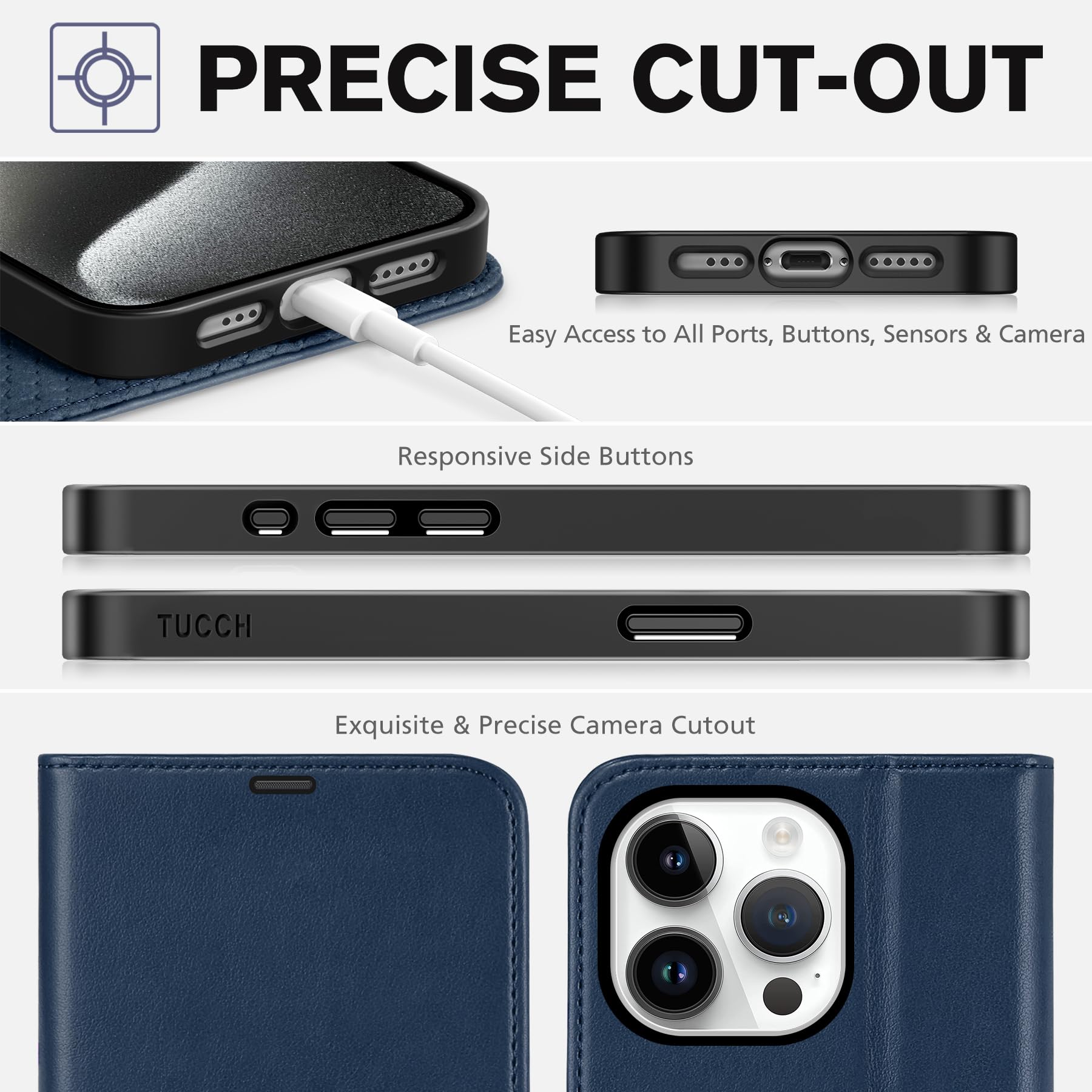 TUCCH Case Wallet for iPhone 15 Pro, RFID Blocking [4 Card Holder] Kickstand [Shockproof TPU Inner Shell] PU Leather Magnetic Protective Flip Cover 6.1" 2023, Black