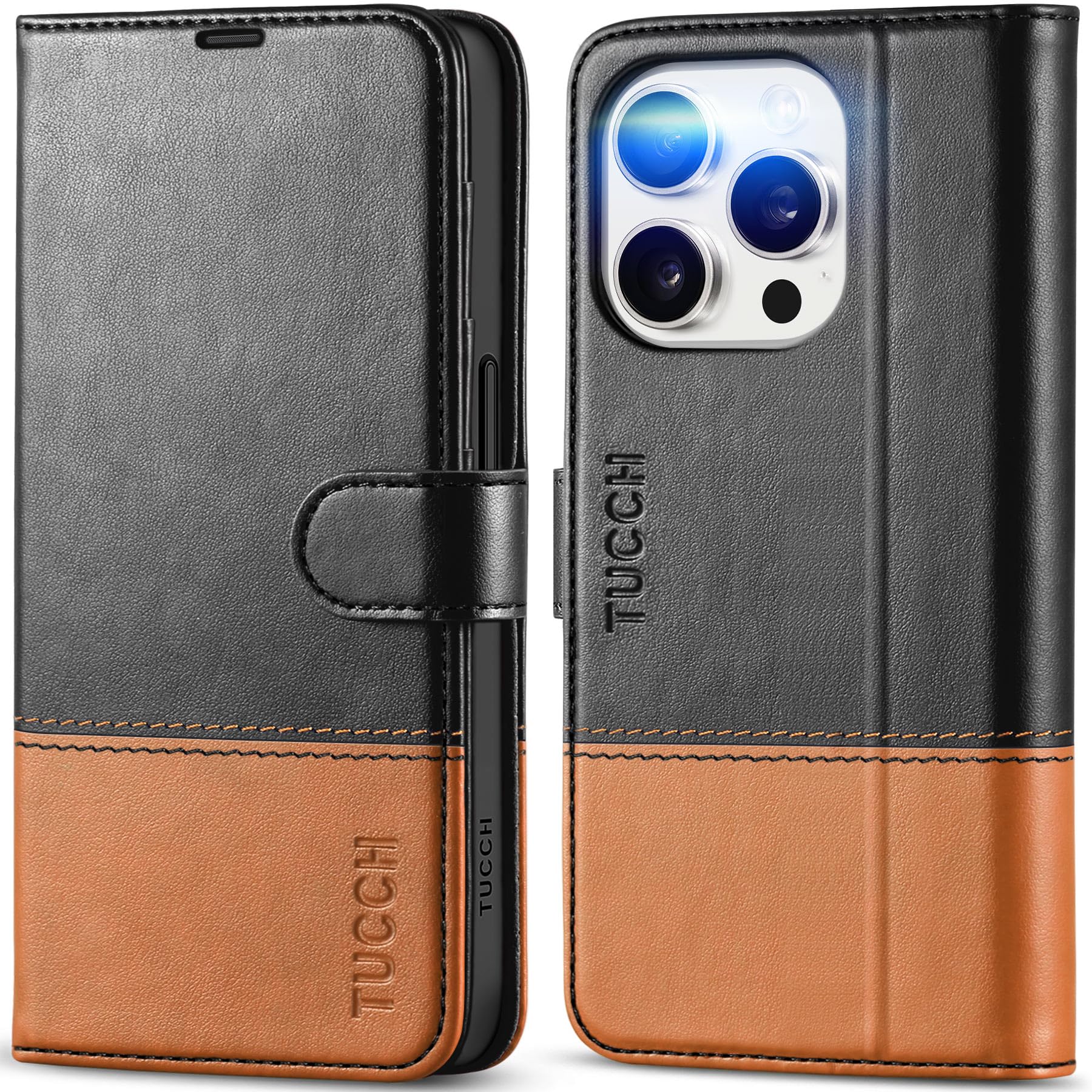 TUCCH Case Wallet for iPhone 15 Pro, RFID Blocking [4 Card Holder] Kickstand [Shockproof TPU Inner Shell] PU Leather Magnetic Protective Flip Cover 6.1" 2023, Black