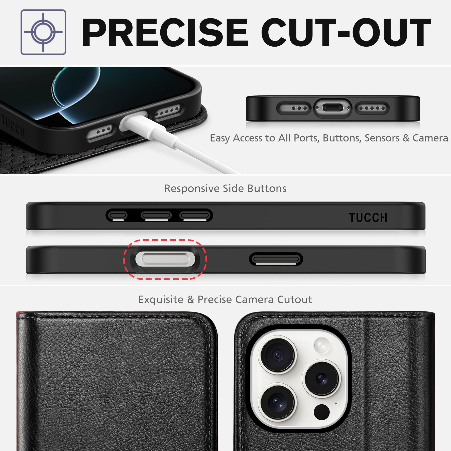 TUCCH Case Wallet for iPhone 16, [3 Card Slots] Kickstand PU Leather [RFID Blocking] Flip Folio Cover with [TPU Shockproof Interior Shell] 6.1" 2024, Classic Black