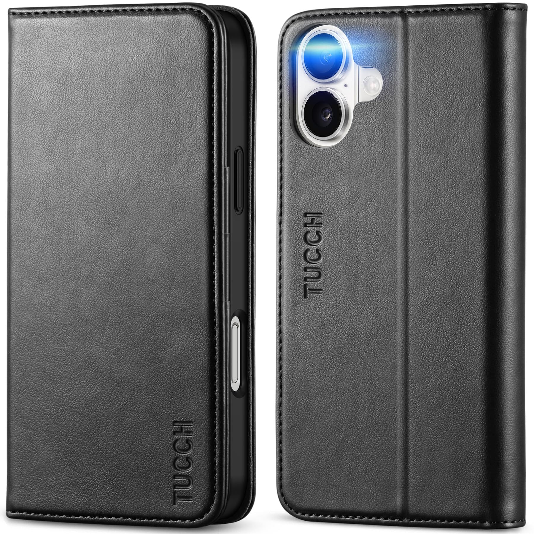 TUCCH Case Wallet for iPhone 16, [3 Card Slots] Kickstand PU Leather [RFID Blocking] Flip Folio Cover with [TPU Shockproof Interior Shell] 6.1" 2024, Classic Black