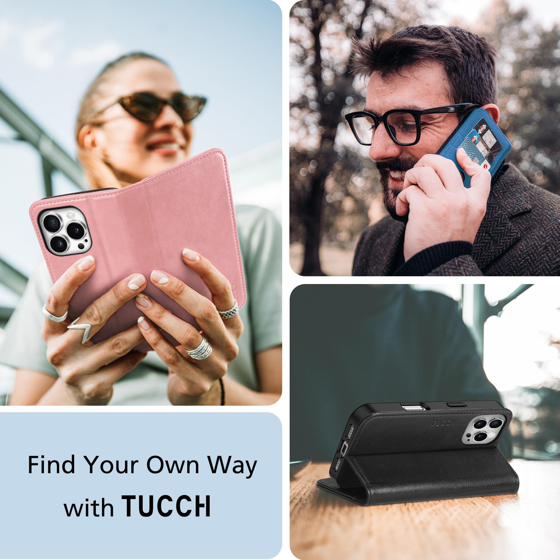 TUCCH Case Wallet for iPhone 16, [3 Card Slots] Kickstand PU Leather [RFID Blocking] Flip Folio Cover with [TPU Shockproof Interior Shell] 6.1" 2024, Classic Black