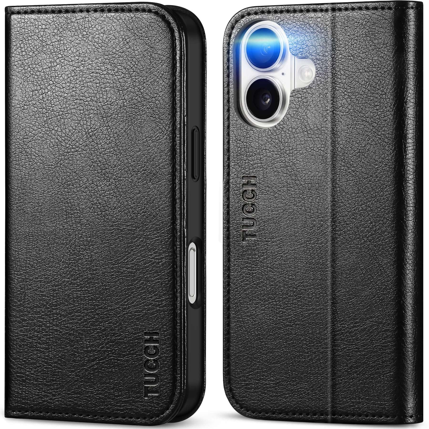 TUCCH Case Wallet for iPhone 16, [3 Card Slots] Kickstand PU Leather [RFID Blocking] Flip Folio Cover with [TPU Shockproof Interior Shell] 6.1" 2024, Classic Black